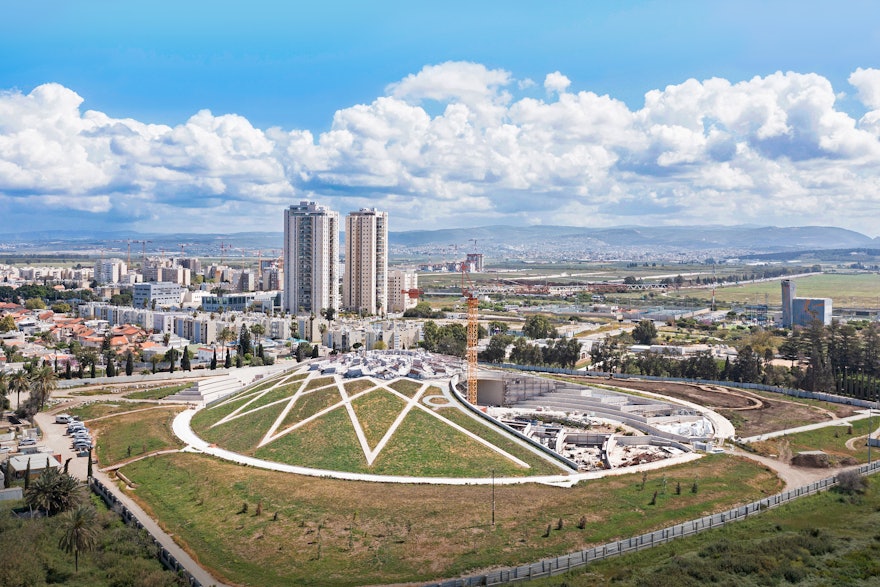 Aerial view of the construction of the Shrine of ‘Abdu’l-Bahá from the south-west.