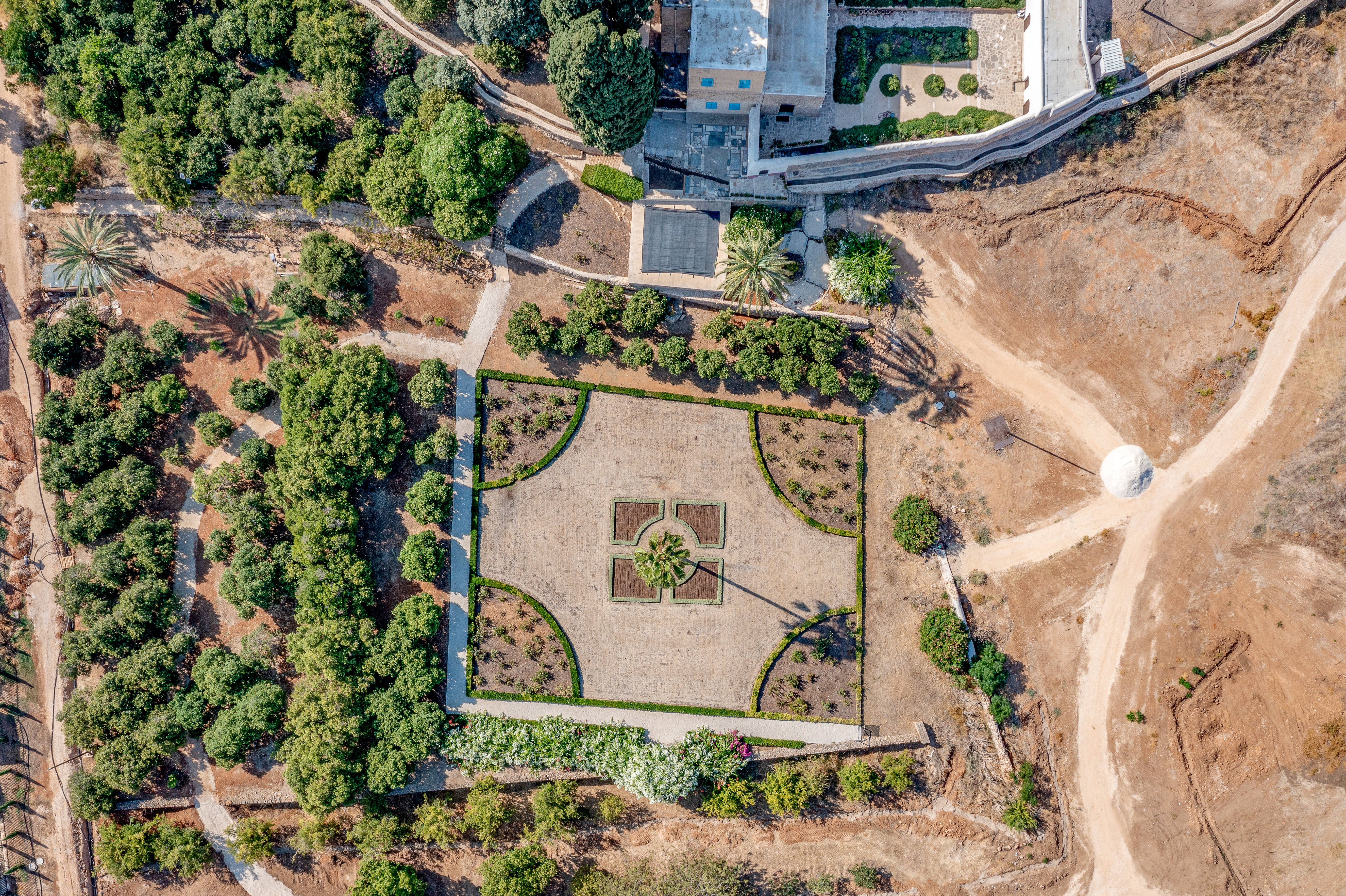 Aerial view of the eastern garden taken in September 2023. 