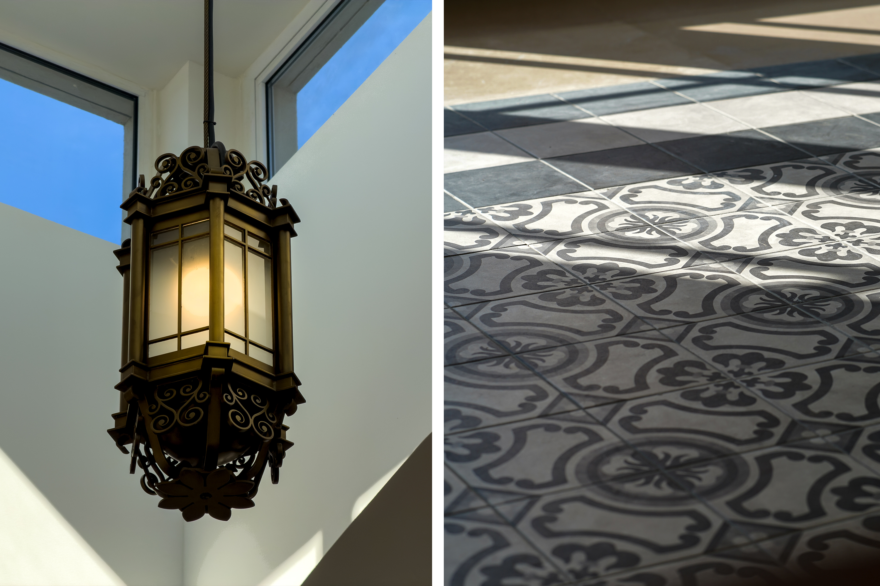 From the vaulted ceiling hangs a decorative light fixture (left); close-up of flooring tilework (right).