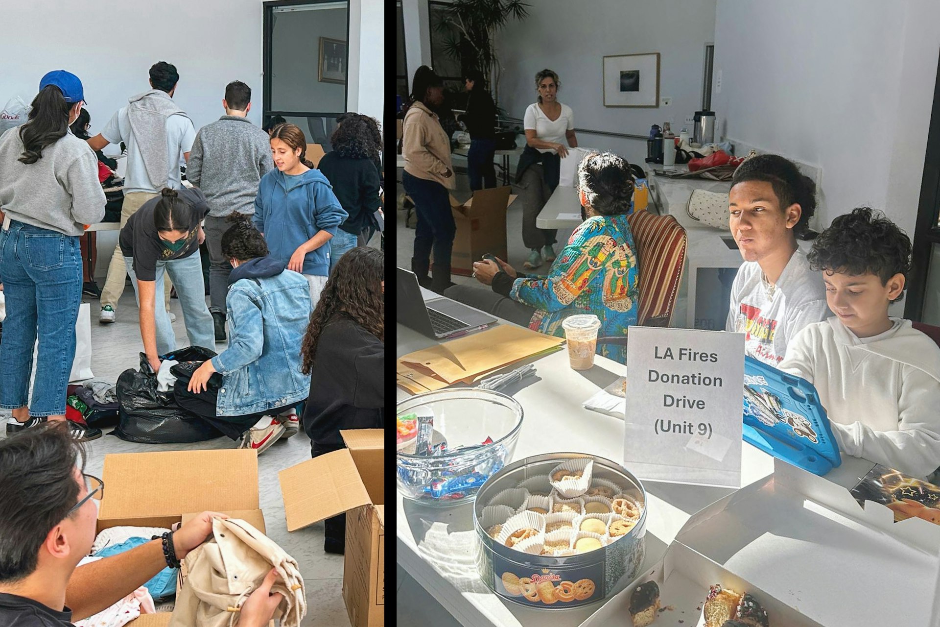 The Bahá’í Center in Los Angeles and the building in Pasadena dedicated to moral and spiritual educational programs served as hubs for collecting and sorting donated essential supplies.