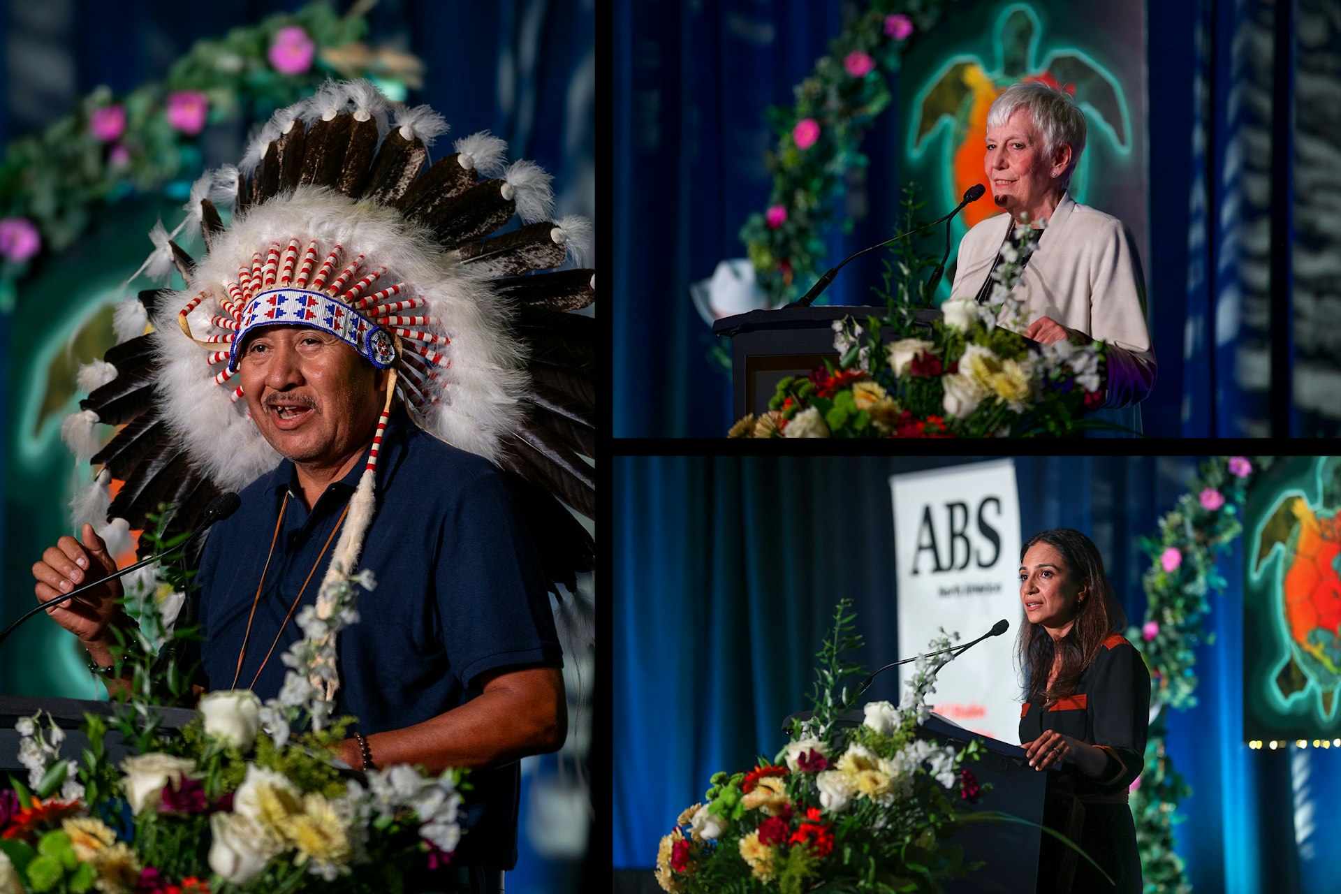 The opening plenary session of the 49th annual conference of the Association for Bahá’í Studies in North America included welcoming remarks by Chief Troy Bossman Nolton (left image), Karen McKye, Secretary of the National Spiritual Assembly of the Bahá’ís of Canada (right top image), and Shabnam Koirala-Azad, member of the Association’s executive committee (right bottom image).