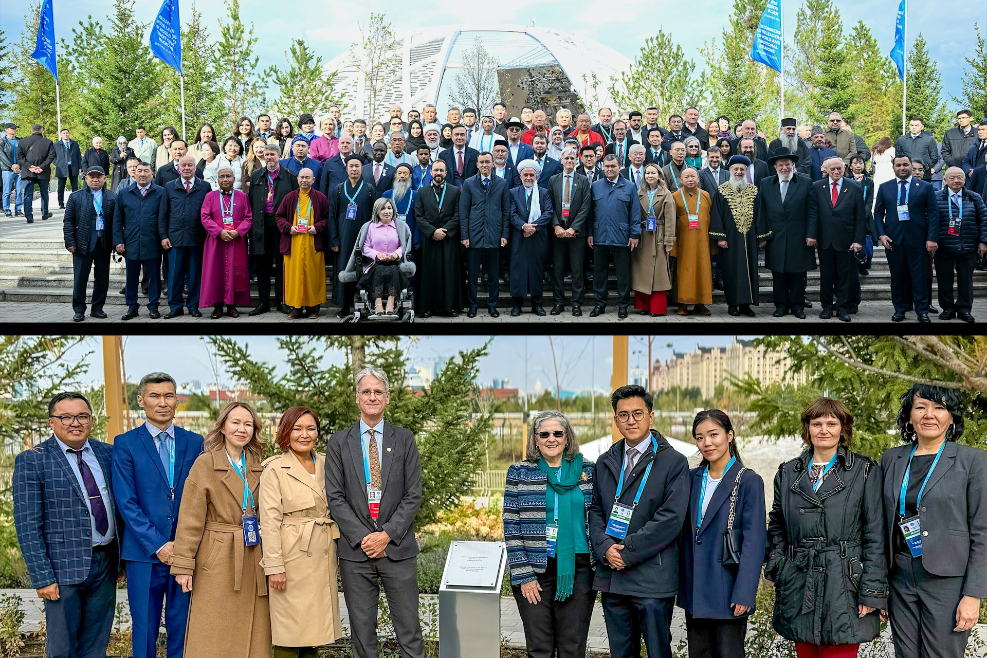 Top: Delegates at the 7th Congress in 2022 attend the official opening of the Park of Peace and Reconciliation, where participants planted trees. Bottom: The Bahá’í delegation of the 8th Congress stands in front of a tree planted during that earlier gathering.