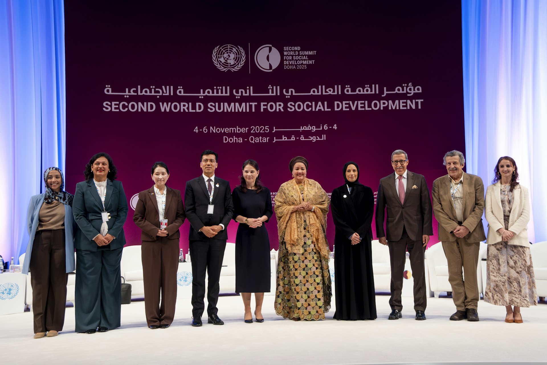 Panelists of the high-level Civil Society Forum Opening Panel from left to right: Sarah Ben-Farhat, Youth Representative for the NGO Committee for Social Development and co-moderator of the Opening Panel; Gillian D’Souza Nazareth, Chair of the NGO Committee for Social Development, Red Dot Foundation; H.E. Sophie De Smedt, Permanent Representative of Belgium to the UN; H.E. Lok Bahadur Thapa, President of the United Nations Economic and Social Council 2025-2026 session; H.E. Annalena Baerbock, President of the 80th Session of the United Nations General Assembly; H.E. Amina J. Mohammed, Deputy Secretary-General of the United Nations; H.F. Buthaina bint Ali Al Jabr Al Nuaimi, Minister of Social Development and Family for the State of Qatar; H.E. Omar Hilale, Permanent Representative of the Kingdom of Morocco to the UN; Roberto Bissio, International Secretariat of Social Watch attendee of 1995 Copenhagen World Social Summit; Cecilia Schirmeister, United Nations Representative for the Bahá’í International Community and co-moderator of the Opening Panel.