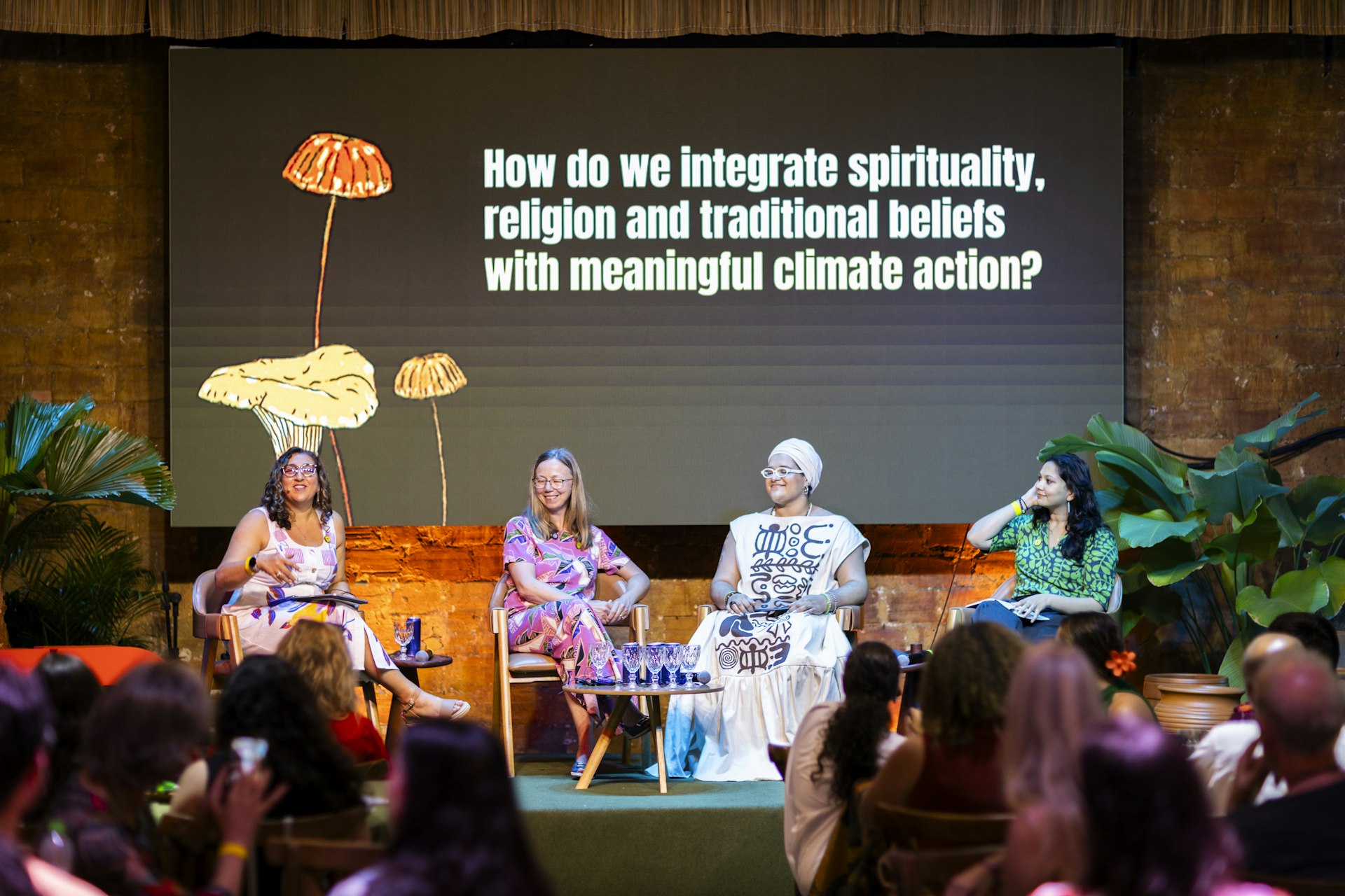 Nika Sinai of the Australian Bahá’í Office of External Affairs moderating a TED event titled “The climate crisis is a spiritual crisis: A multifaith Global Ethical Stocktake event.” Left to right: Nika Sinai, Australian Bahá’í Office of External Affairs; Lorna Gold, Laudato Sì Movement; Thaynah Gutierrez, Geledés Black Women’s Institute; Samira Siddique, Center for Earth Ethics.