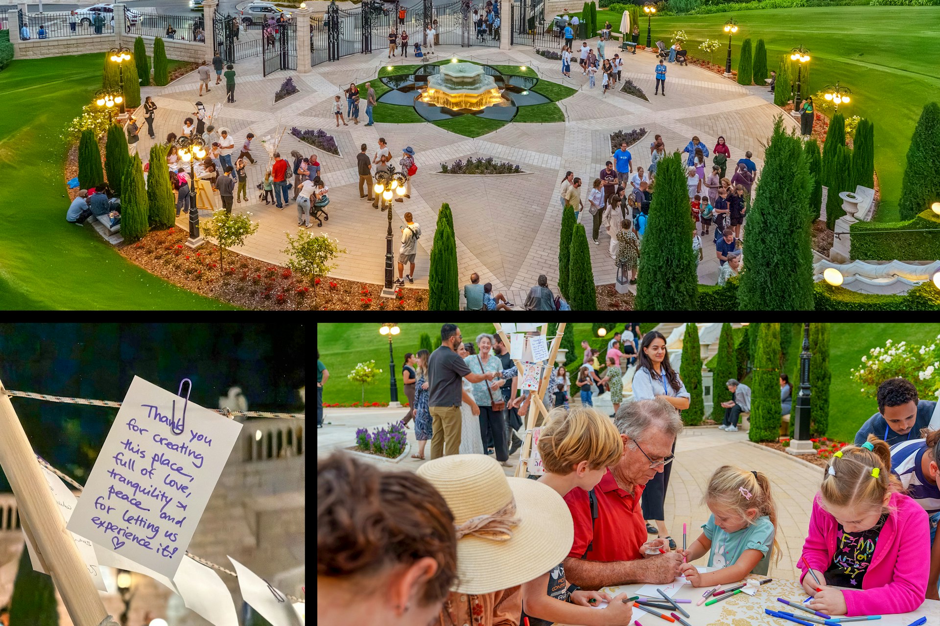 At the bottom of the terraces, families and children participated in a collective art initiative, reflecting on harmony, beauty, and love for mankind.
