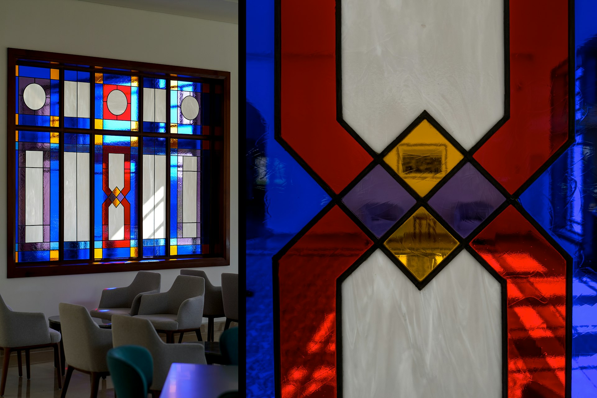 View of stained glass that allows light to shine through the foyer and the inside of the main hall.