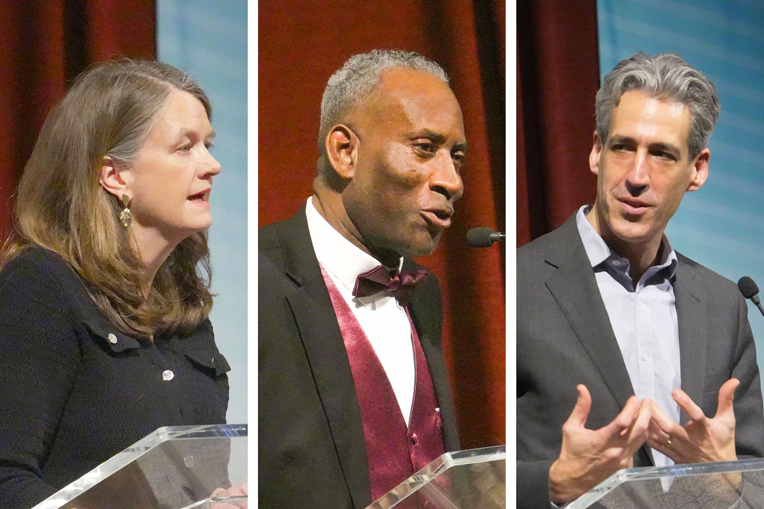 Photo de plusieurs intervenants lors de l’évènement « Béni soit le lieu » (de gauche à droite) : Senta Plunkett, présidente du conseil municipal de Wilmette, Johnny Haskins, aumônier et diacre dans la région de Chicago, Daniel Biss, maire de la ville voisine d’Evanston.
