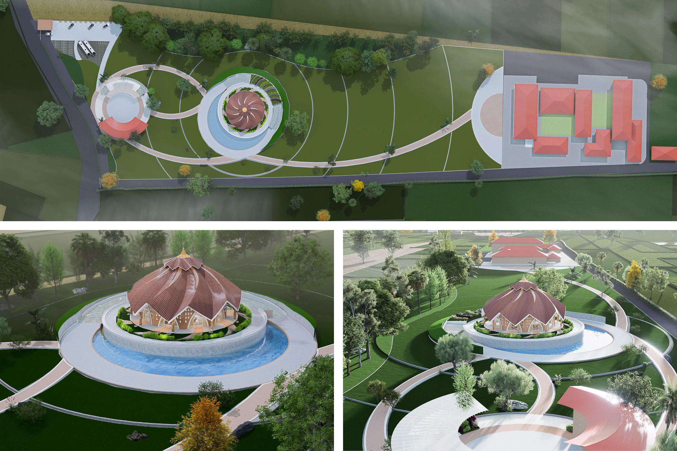Plusieurs illustrations du projet d’aménagement du site du temple, y compris la pièce d’eau.