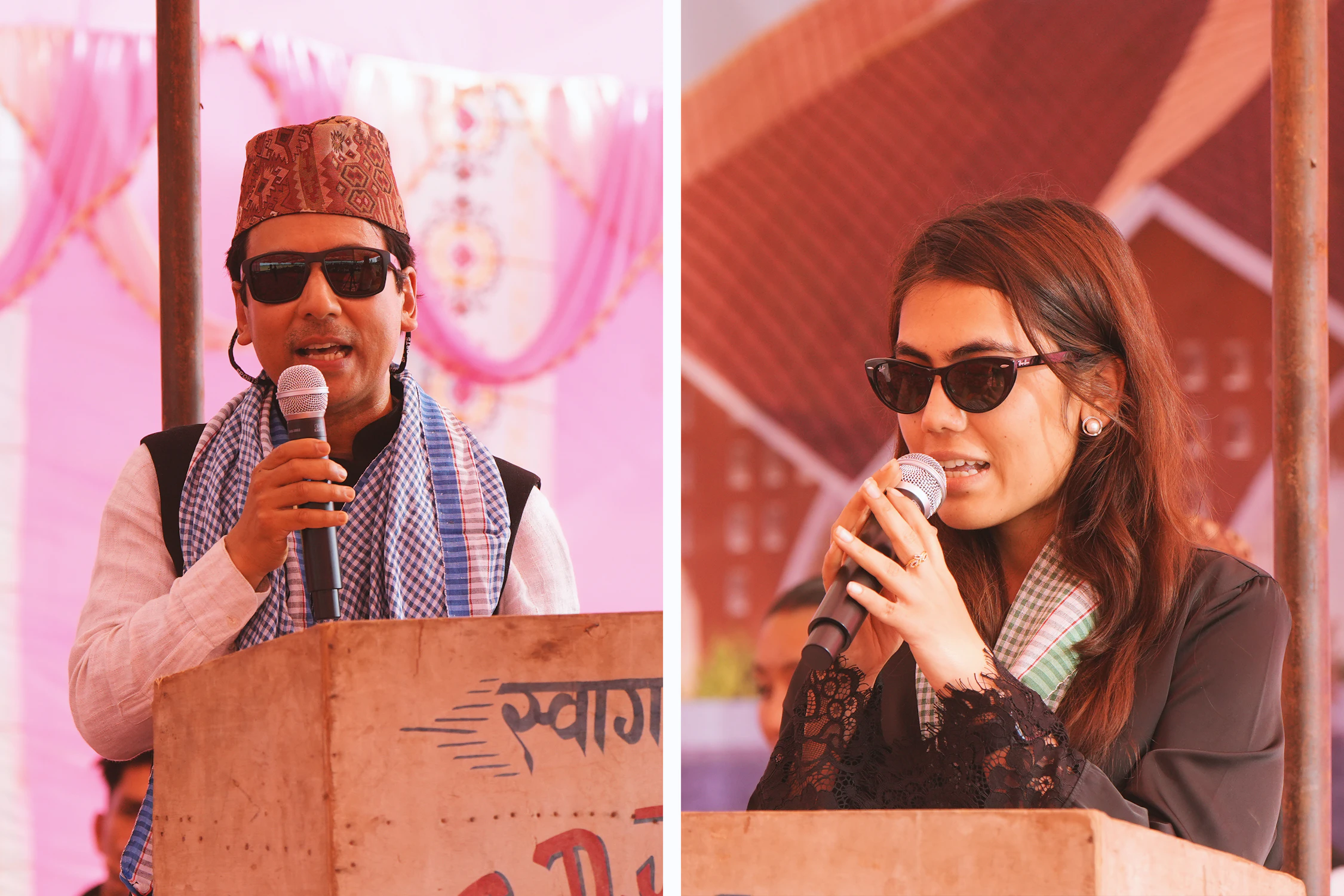 Sarosh Pradhan (à gauche), l’un des architectes du projet, et Utsabi Thapa (à droite), membre de l’équipe de conception, prennent la parole lors de la cérémonie de dévoilement.