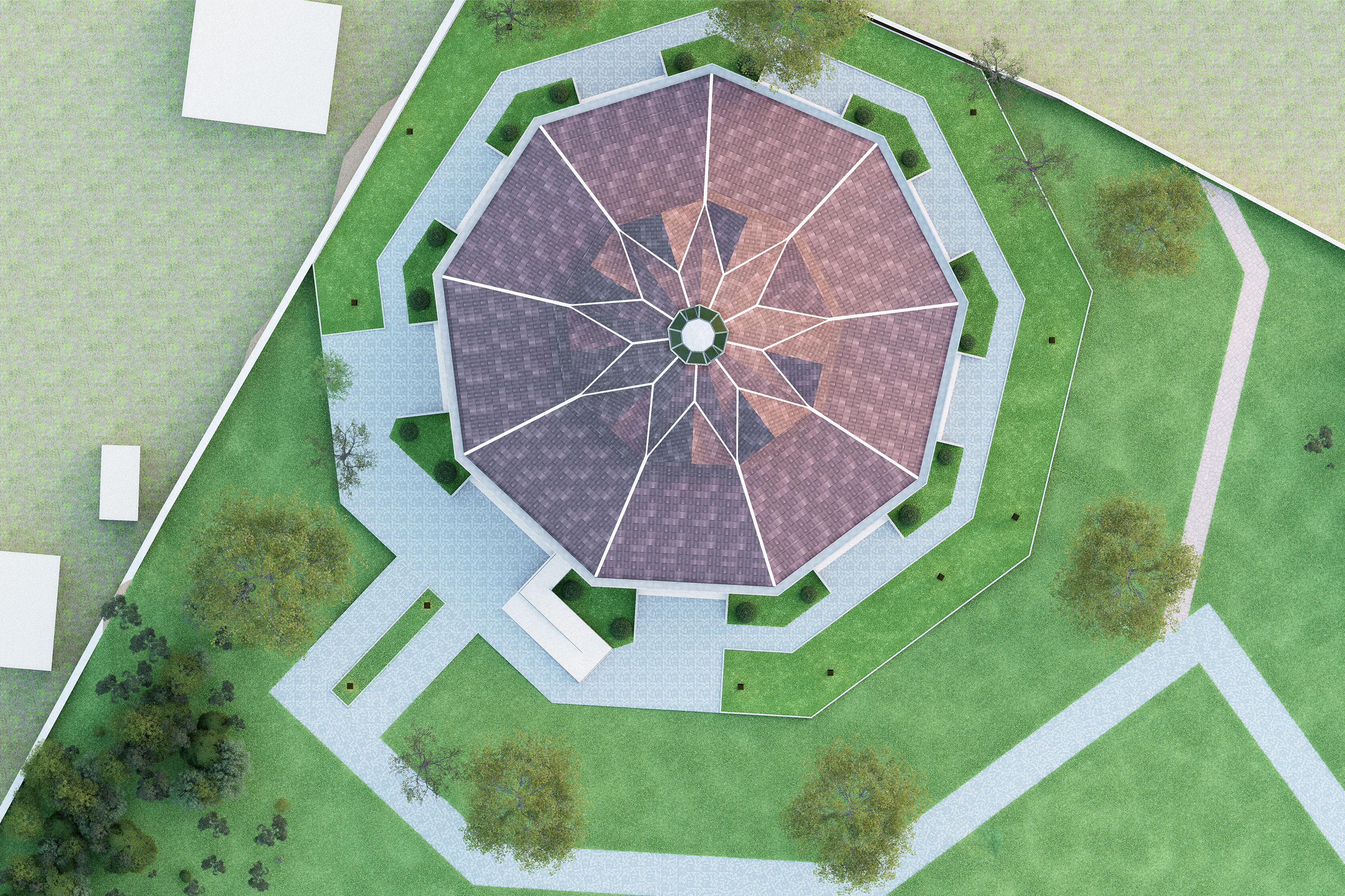 A design rendering featuring an aerial perspective of the roof of the temple.