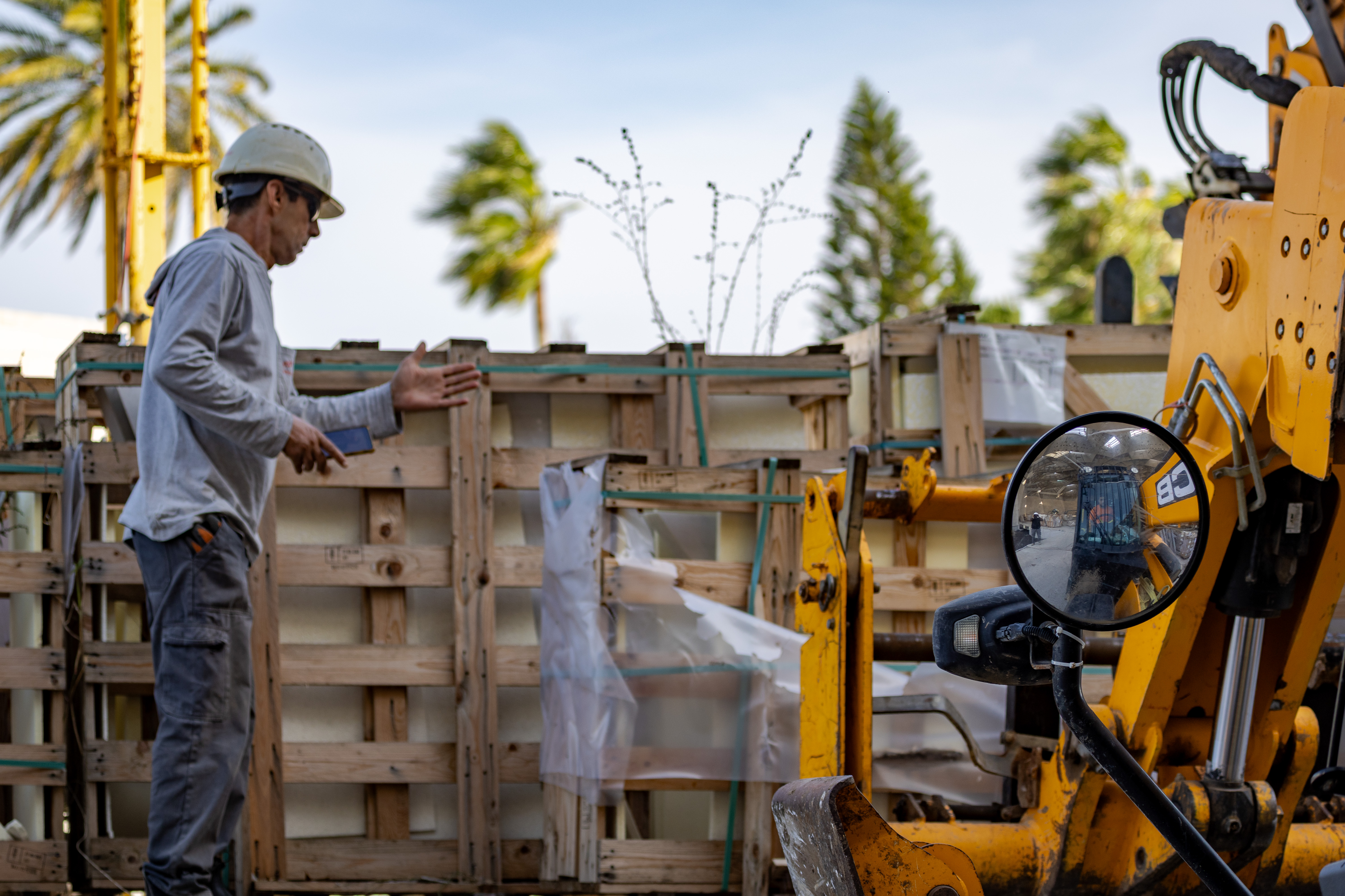 Marble has been transported to the site in protective crates.
