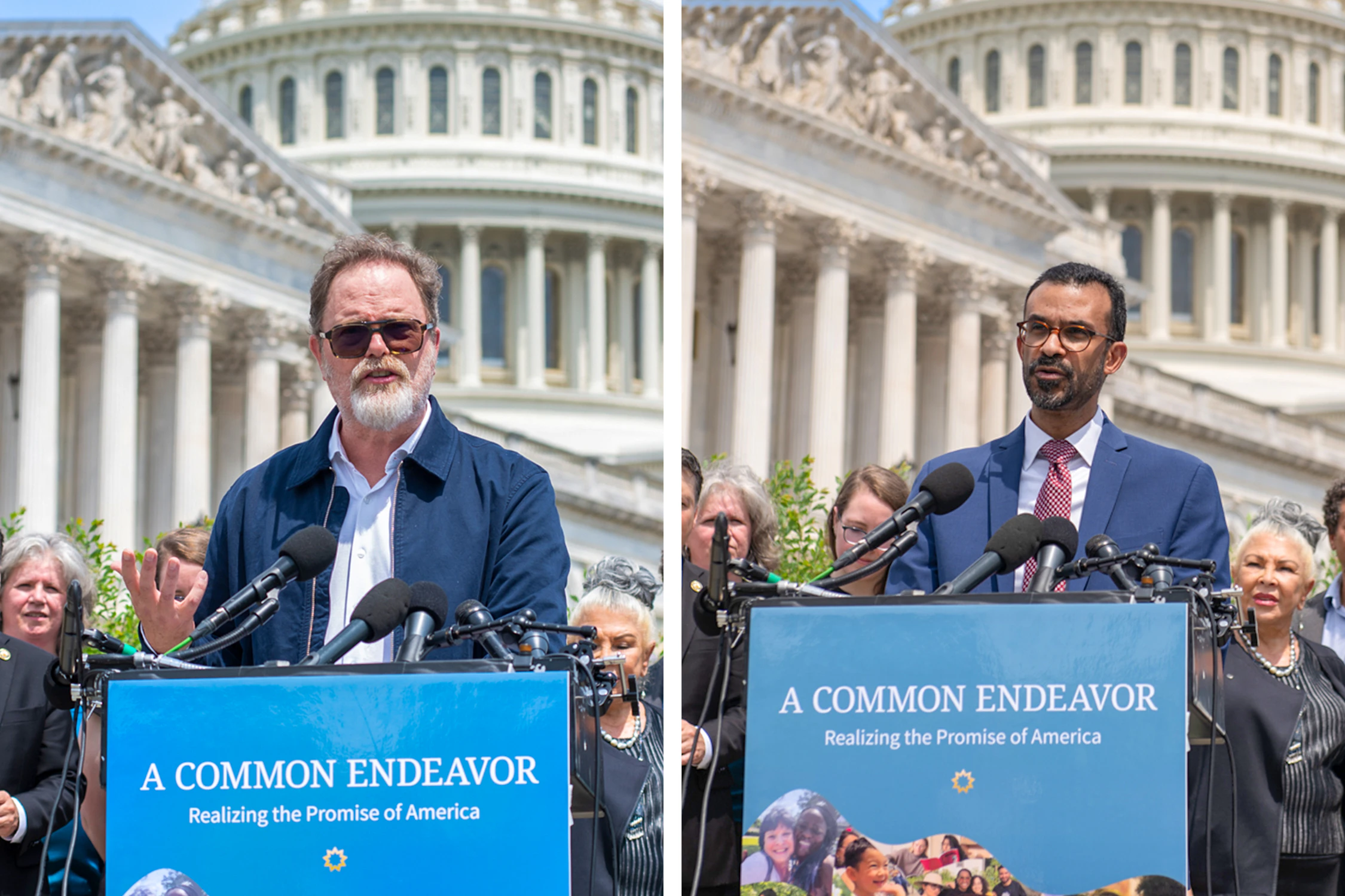 Rainn Wilson (à gauche), acteur et membre de la communauté bahá’íe, et PJ Andrews (à droite), membre du Bureau des affaires publiques des bahá’ís des États-Unis, lors d’une récente conférence de presse à Capitol Hill.
