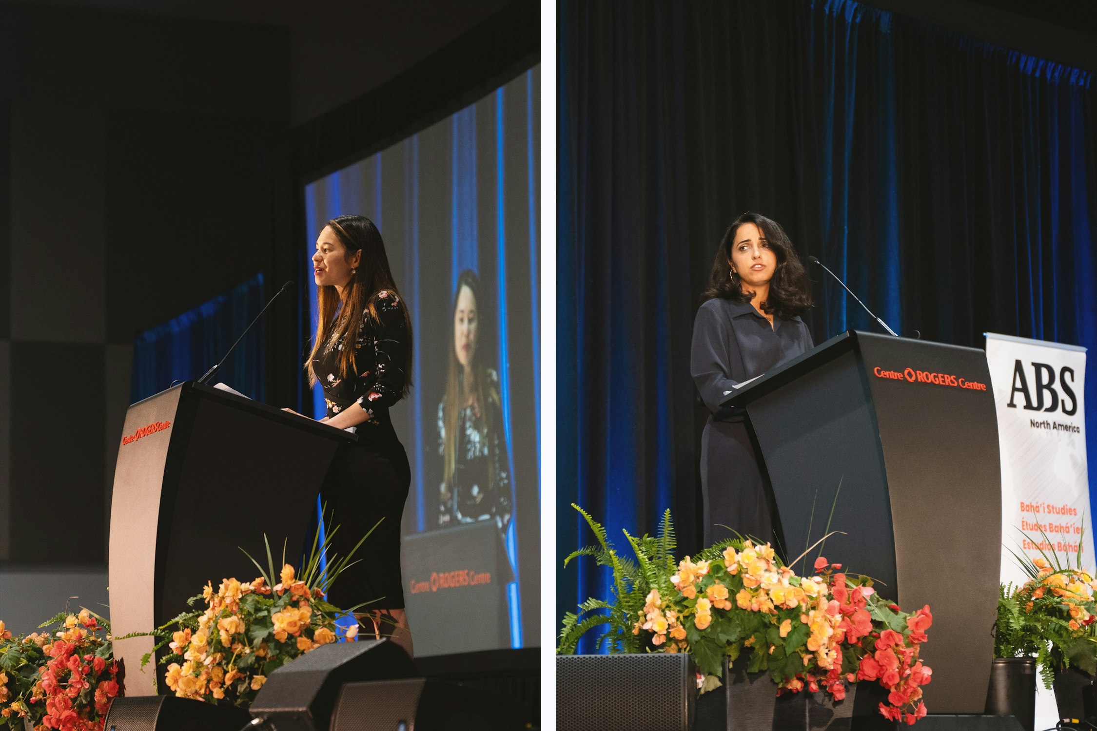 Saphira Rameshfar (à gauche), s’exprimant au nom de l’Assemblée spirituelle nationale des bahá’ís des États-Unis, et Hoda Farahmandpour (à droite), s’exprimant au nom de l’Assemblée spirituelle nationale des bahá’ís du Canada, lors de la séance plénière d’ouverture du congrès.