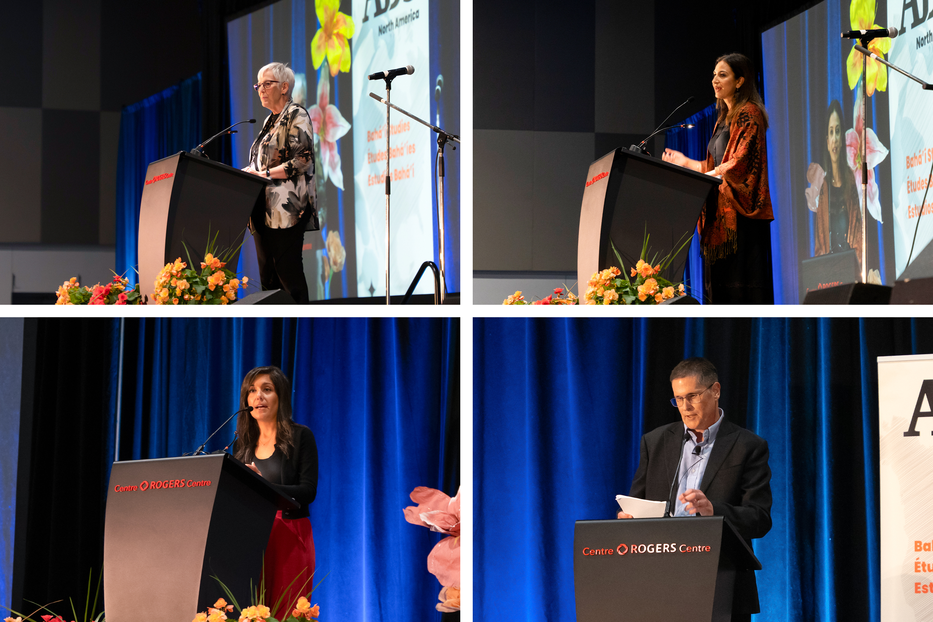 Speakers addressed the attendees at the opening plenary of the conference. Top, left to right: Karen McKye, Secretary of the National Spiritual Assembly of the Bahá’ís of Canada, and Shabnam Koirala-Azad, Chairperson of the ABS executive committee. Bottom, left to right: Mariam Ashtiani, member of the ABS executive committee, and Todd Smith, secretary of the ABS executive committee.