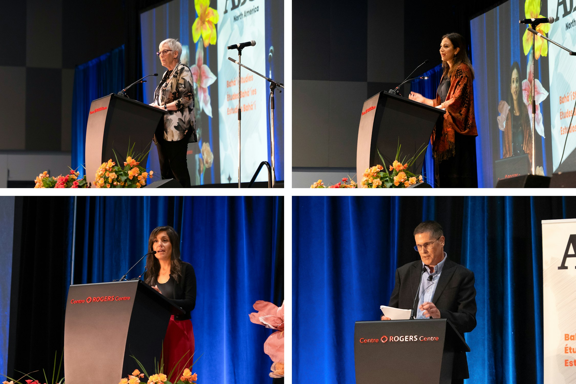 Les intervenants se sont adressés aux participants lors de la séance plénière d’ouverture du congrès. En haut, de gauche à droite : Karen McKye, secrétaire de l’Assemblée spirituelle nationale des bahá’ís du Canada, et Shabnam Koirala-Azad, présidente du comité exécutif de l’ABS. En bas, de gauche à droite : Mariam Ashtiani, membre du comité exécutif de l’ABS, et Todd Smith, secrétaire du comité exécutif de l’ABS.