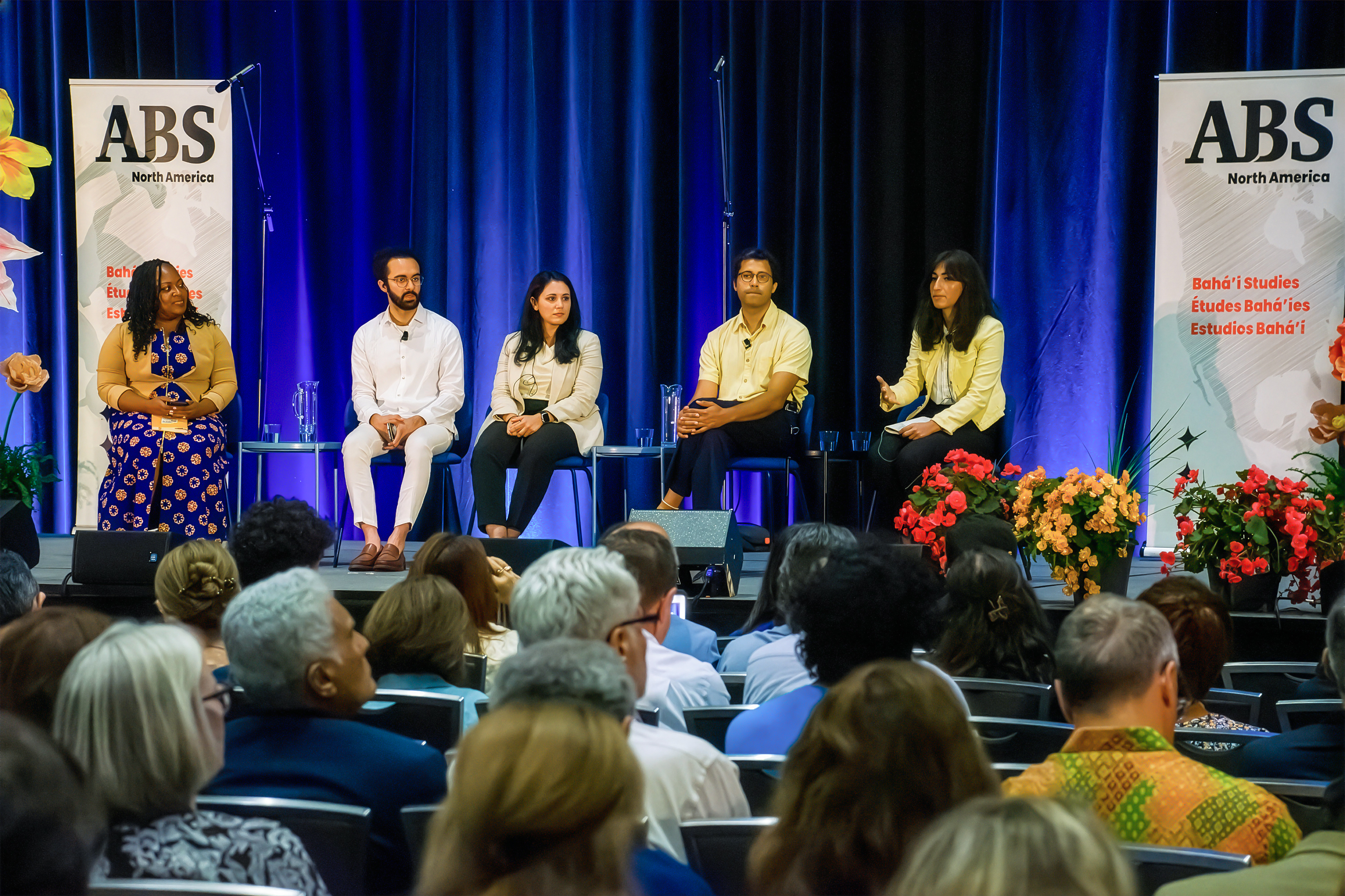 A panel titled “Cultivating Intellectual Life: Contributing to Discourse in the Biological Sciences” on the last day of the conference. From left to right: Jasmine Miller-Kleinhenz, Assistant Professor of Population Health at the University of Mississippi Medical Center; Bayan Toloubadei, biomedical scientist and technology professional; Tara Raam, neuroscientist and postdoctoral scholar; Sujaya Neupane, neuroscientist and postdoctoral fellow; and Yasmine Ayman, Ph.D. student in neuroscience at Harvard University.