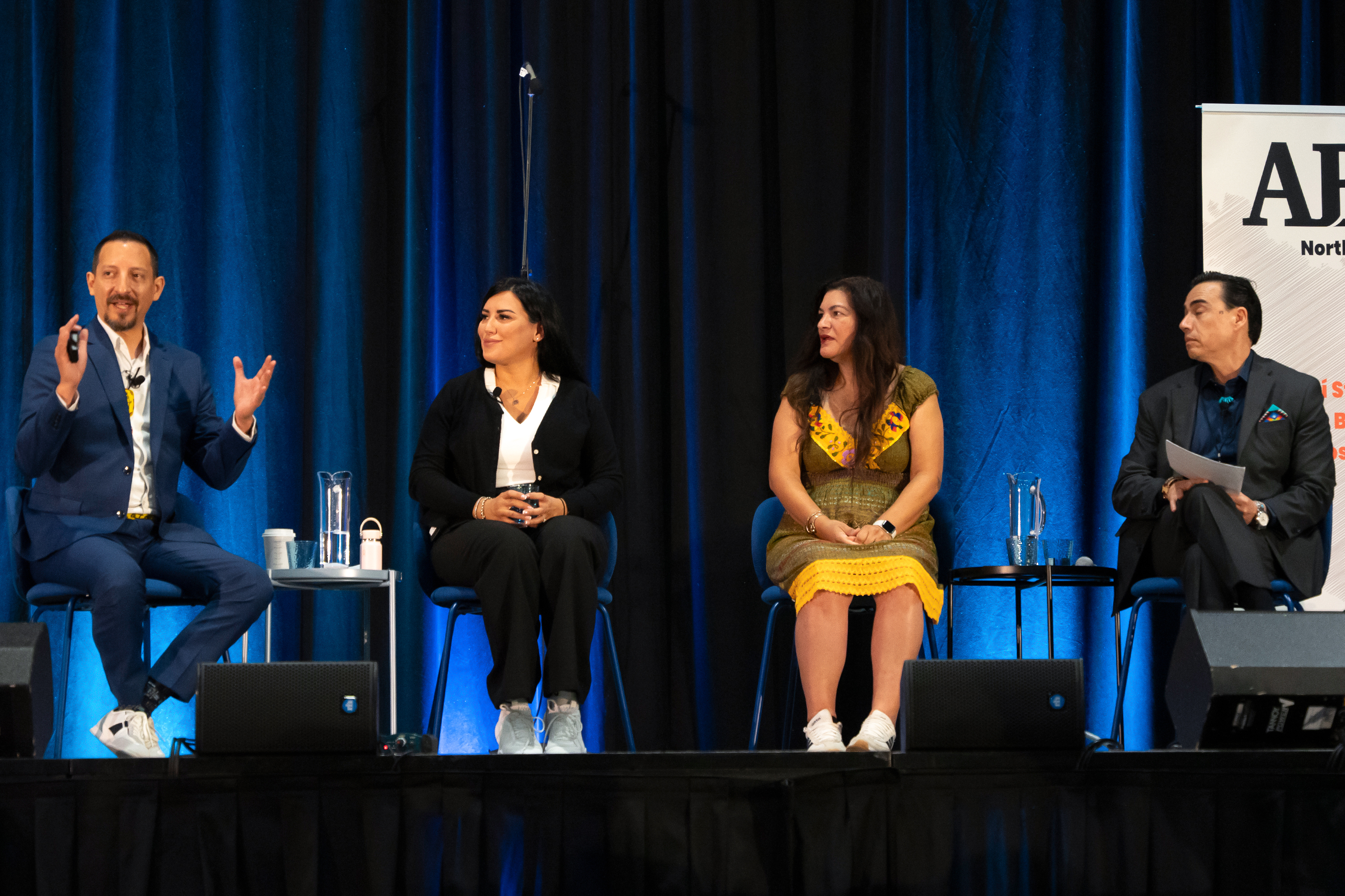 Panelists at the session “Indigenous Knowledge: Reading the Landscape.” From left to right: Jordan Bighorn, Acting Assistant Deputy Minister, Indigenous Excellence in Education, Government of Manitoba; Anisa White, government and public policy professional, founder of Firestone Policy Group; Ymasumac Maranon Davis, education professional; and Michael Orona, senior advisor to the US Department of State.