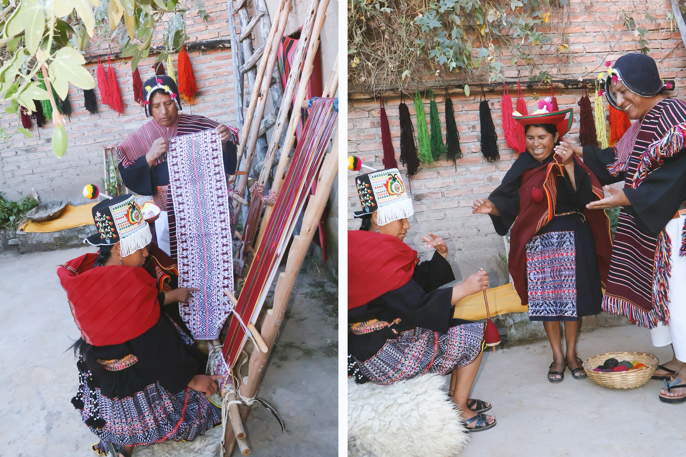 De retour dans sa communauté, Julia Pachacopa tisse un motif sur son aguayo, un tissu traditionnel, aux côtés de sa fille et de son mari.