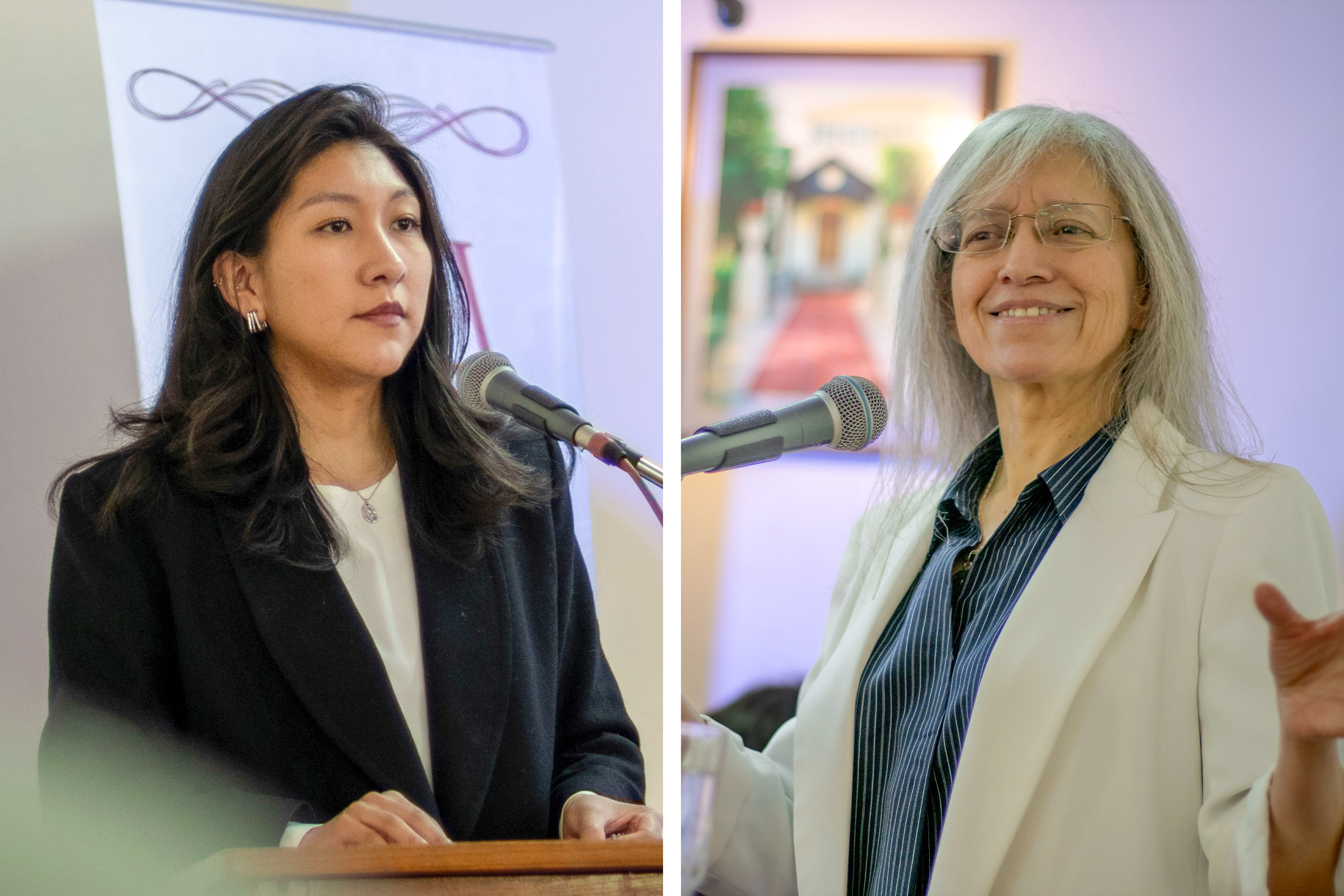 Alexandra Reyes (left), moderator of the forum “Without Equality There Is No Peace,” and Nidya Pesántez (right), Resident Representative of UN Women Bolivia. Reflecting on the requirements for building peaceful societies, Ms. Pesántez said: “There can be no justice without equality, and there can be no peace if there is no justice.”