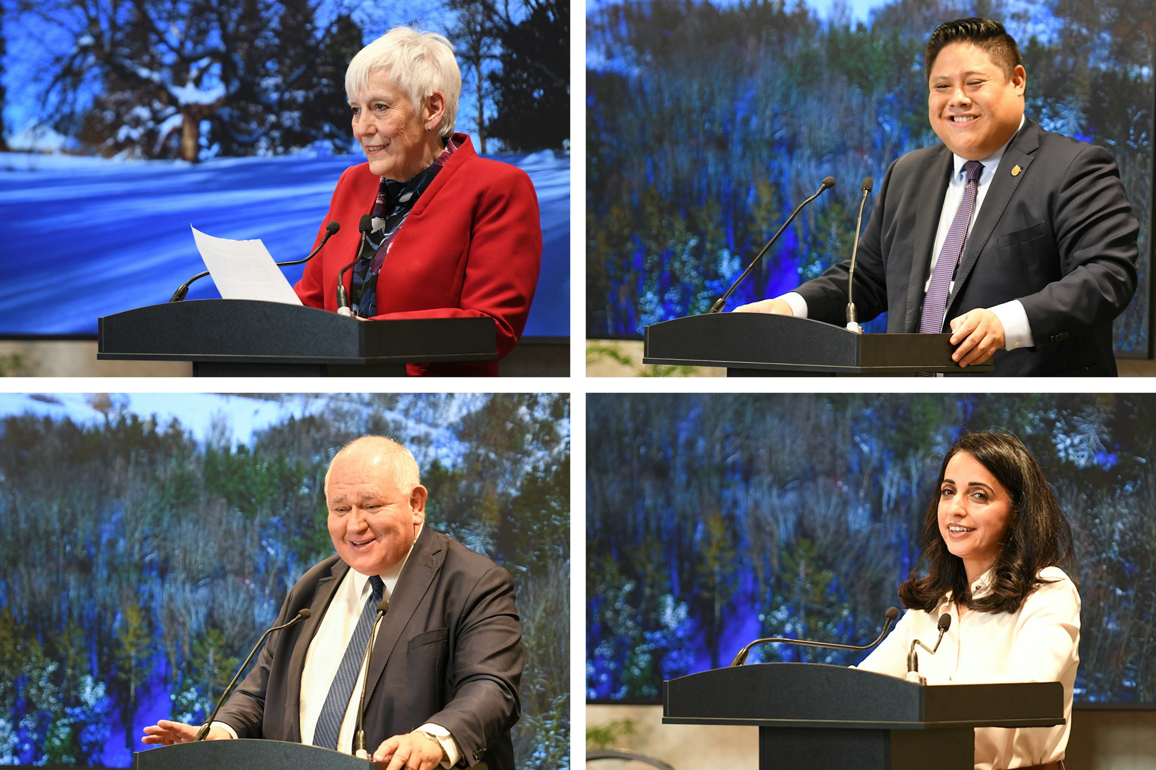 Vue de quelques orateurs lors de l’inauguration. Au premier rang, de gauche à droite : Karen McKye, secrétaire de l’Assemblée spirituelle nationale des bahá’ís du Canada, et Jonathan Tsao, député provincial. Au deuxième rang, de gauche à droite : Frank Scarpitti, maire de Markham, et Hoda Farahmandpour, également membre de l’Assemblée spirituelle nationale.