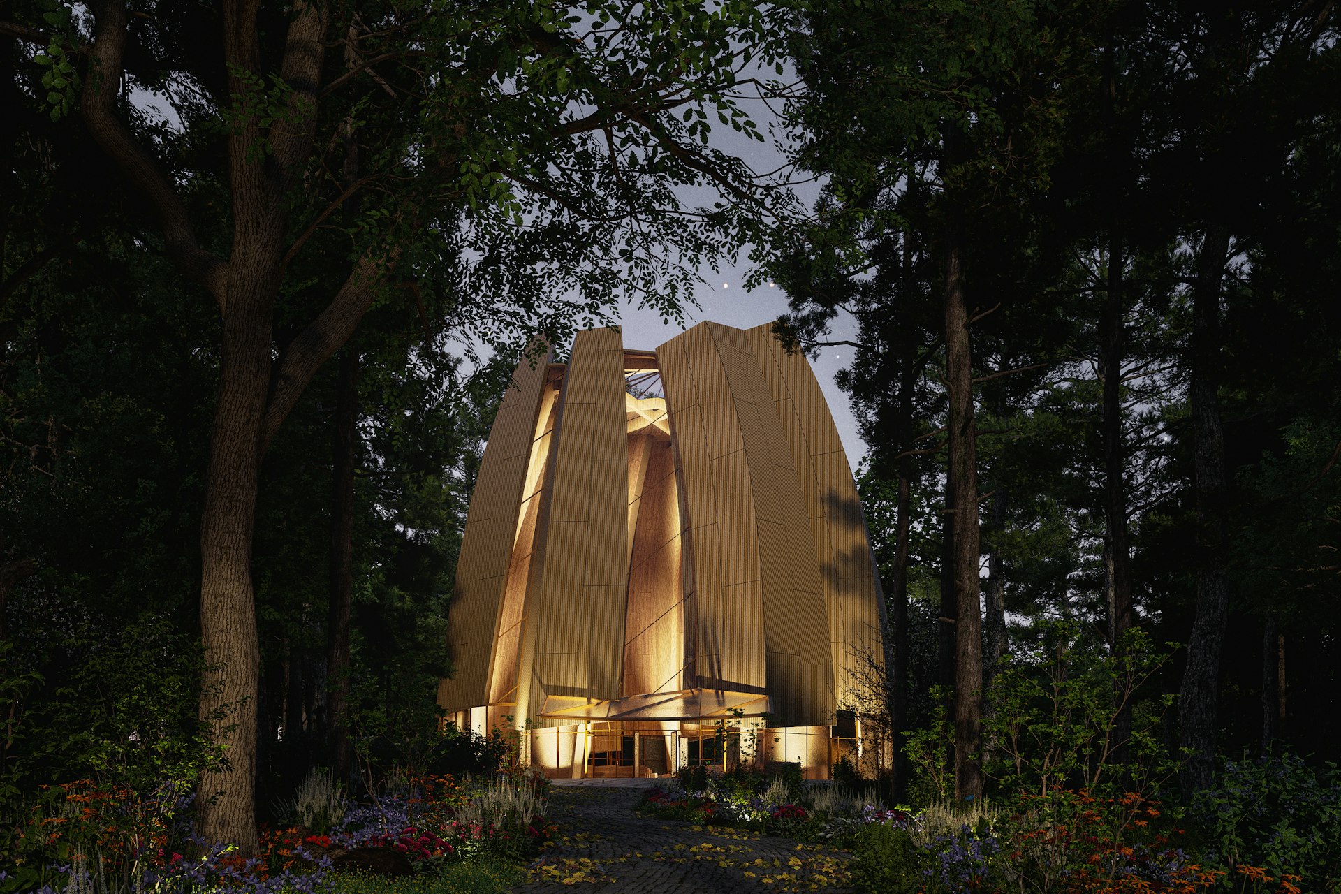 Vue de la maquette numérique du temple en soirée.