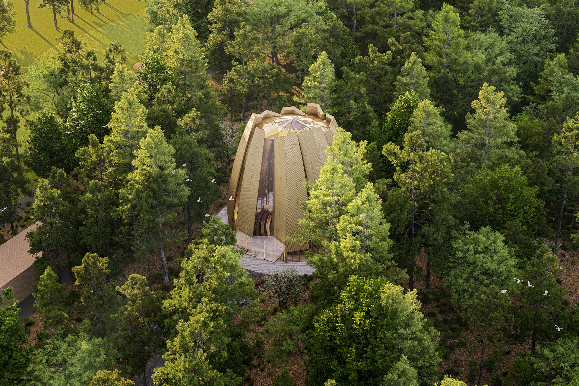 Maquette numérique d’une vue aérienne de la future maison d’adoration nationale bahá’íe du Canada.