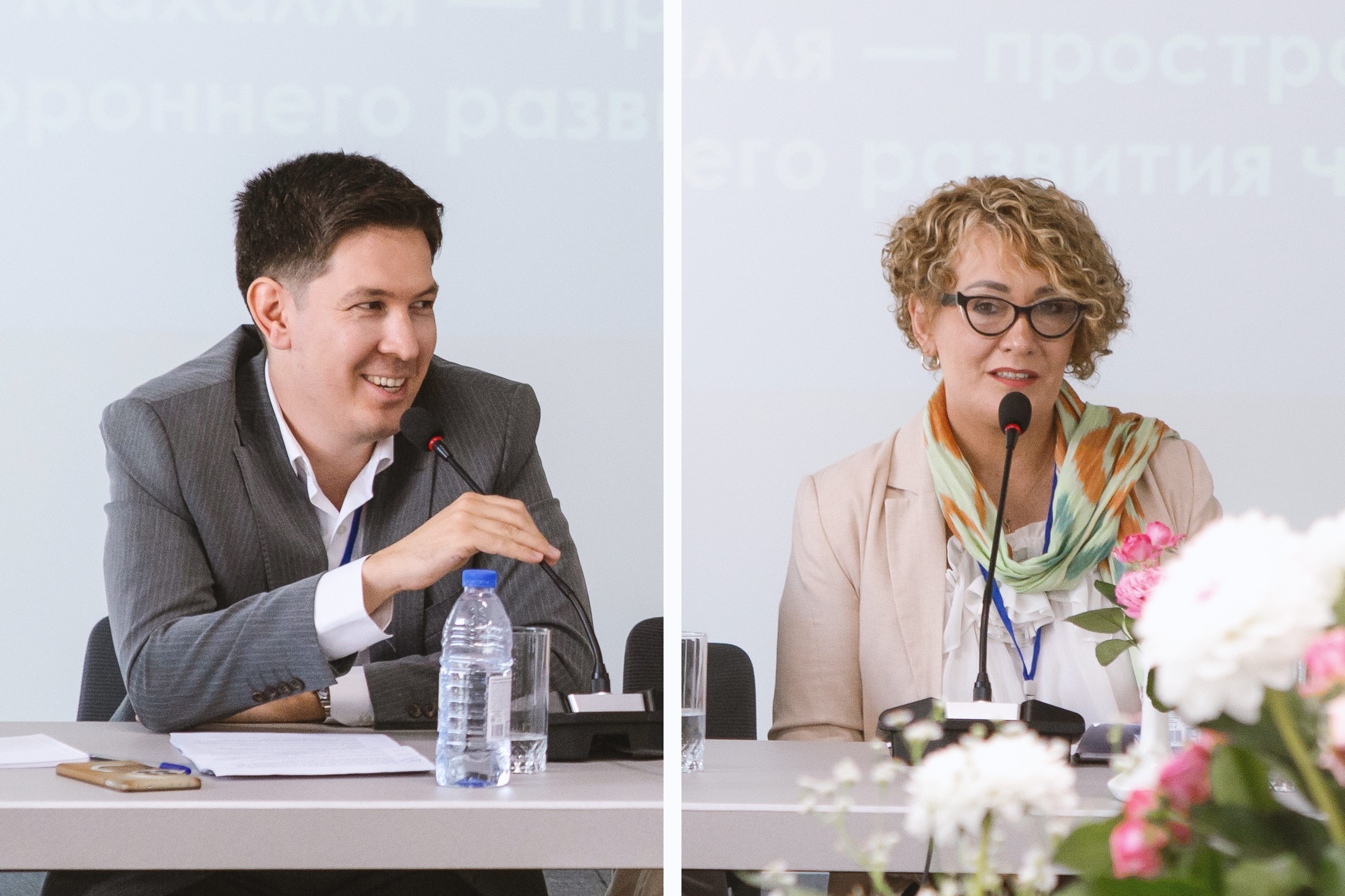 Farrukh Rasulov (left), a member of the Bahá’í Office of Public Affairs of Uzbekistan, and Zamira Kadirova (right), Secretary of the Local Spiritual Assembly of the Bahá’ís of Tashkent at a recent forum on strengthening harmony at the grassroots convened by the Bahá’í Office of Public Affairs of Uzbekistan.