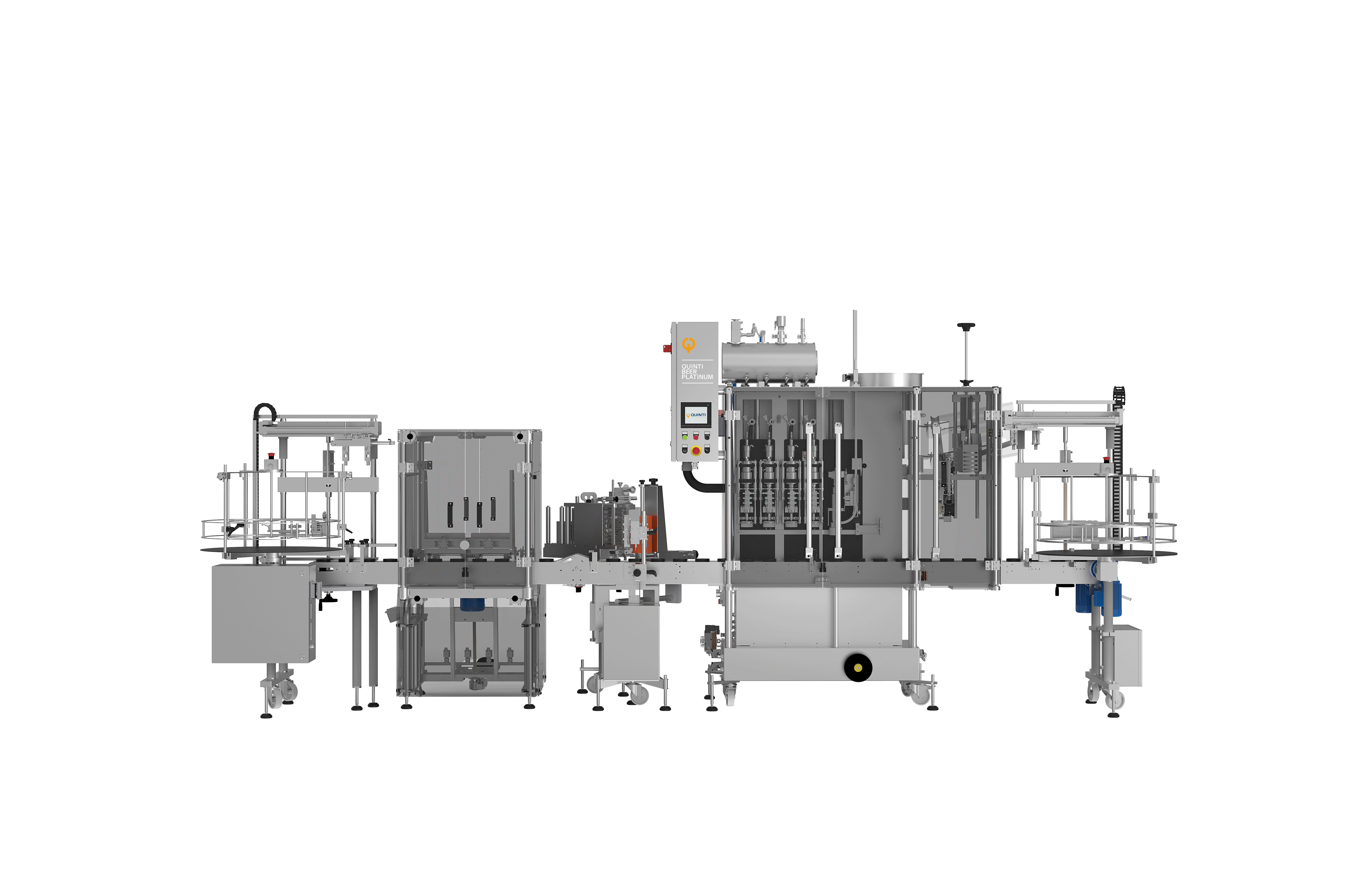 A photo in wich a machine dedicated to beer is presented. A line consisting of a series of equipment dedicated to specific functions, going from left to right we have: bottle loading station, automatic rinsing machine, labeling machine, elctrical cabinet where a touch screen panel is placed to operate the machine, as well as writings indicating the name of the machine, filling station with four nozzles, in the isobaric version, specific capper for crown cap and finally a bottlle accumulation table for unloading.