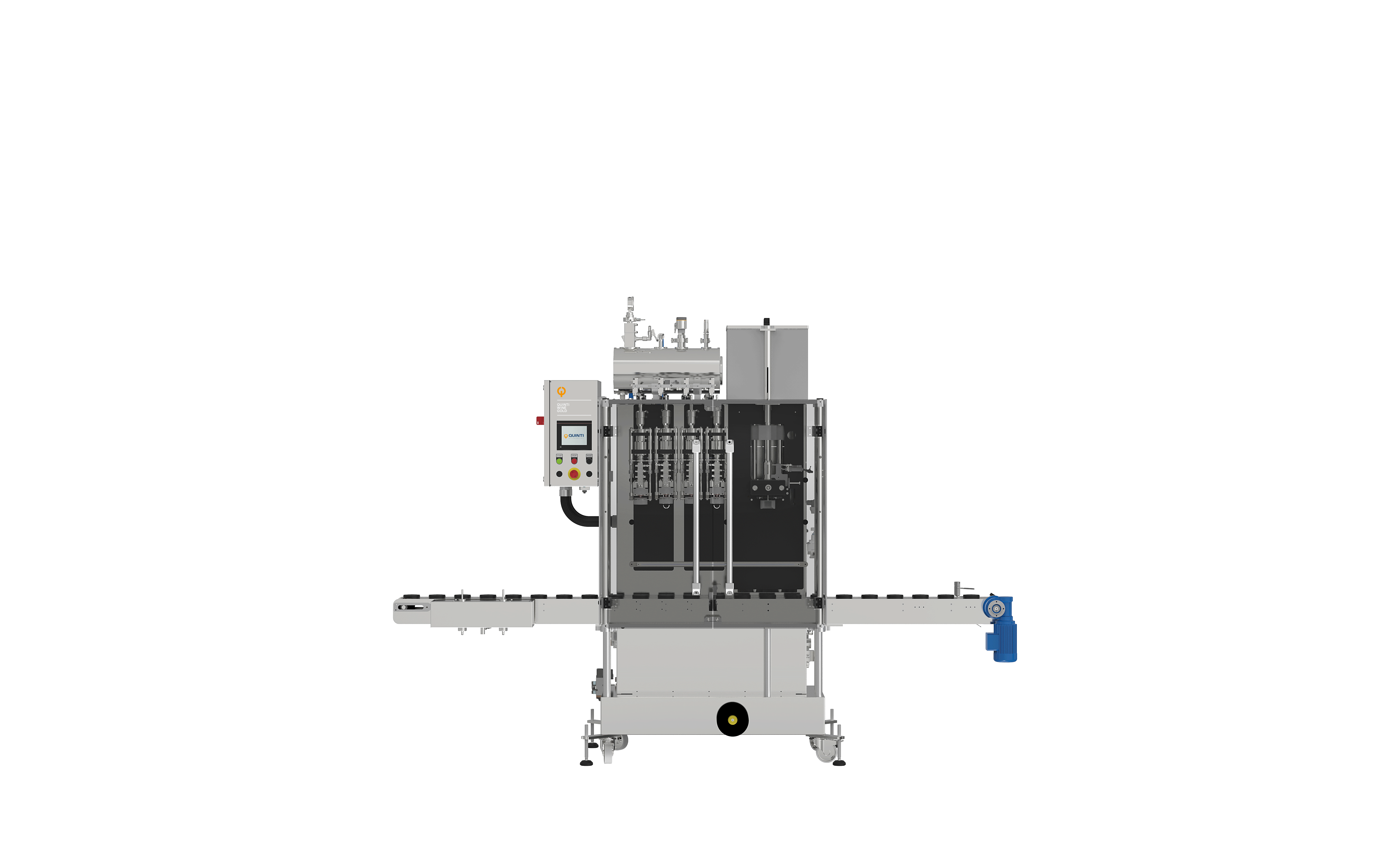 Monobloc filling and capping for wine. Starting from left to right you can see the conveyor belt for bottles, the elctrical cabinet with touch screen panel to start the machine, in addition to the scripts bearing the name of the machine, the filling station with four nozzles and the capper.