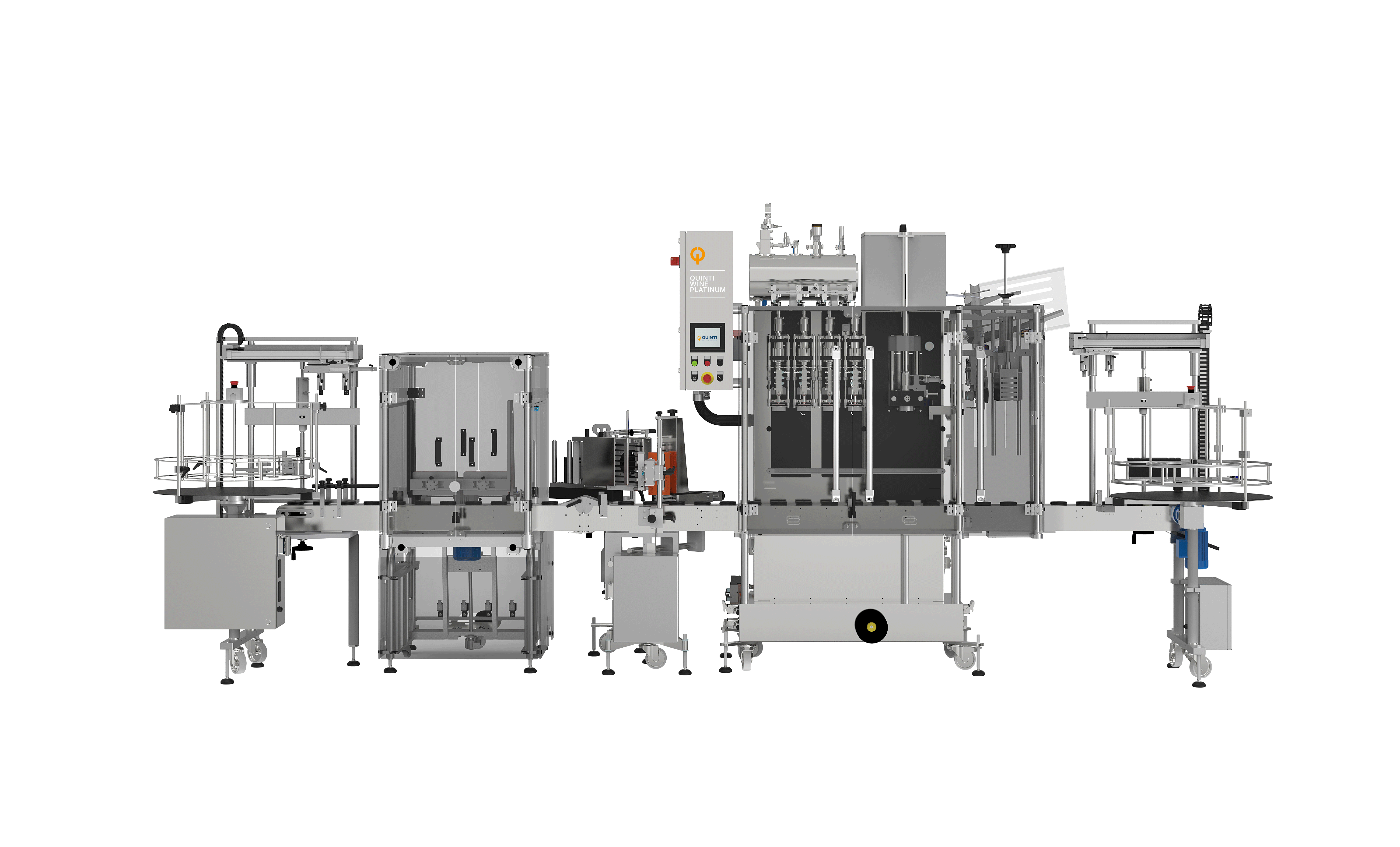 A photo in wich a machine dedicated to wine is presented. A line consisting of a series of equipment dedicated to specific functions, going from left to right we have: bottle loading station, automatic rinsing machine, labeling machine, elctrical cabinet where a touch screen panel is placed to operate the machine, as well as writings indicating the name of the machine, filling station with four nozzles, in the light pressure version, specific capper for flush cap and finally a bottlle accumulation table for unloading.