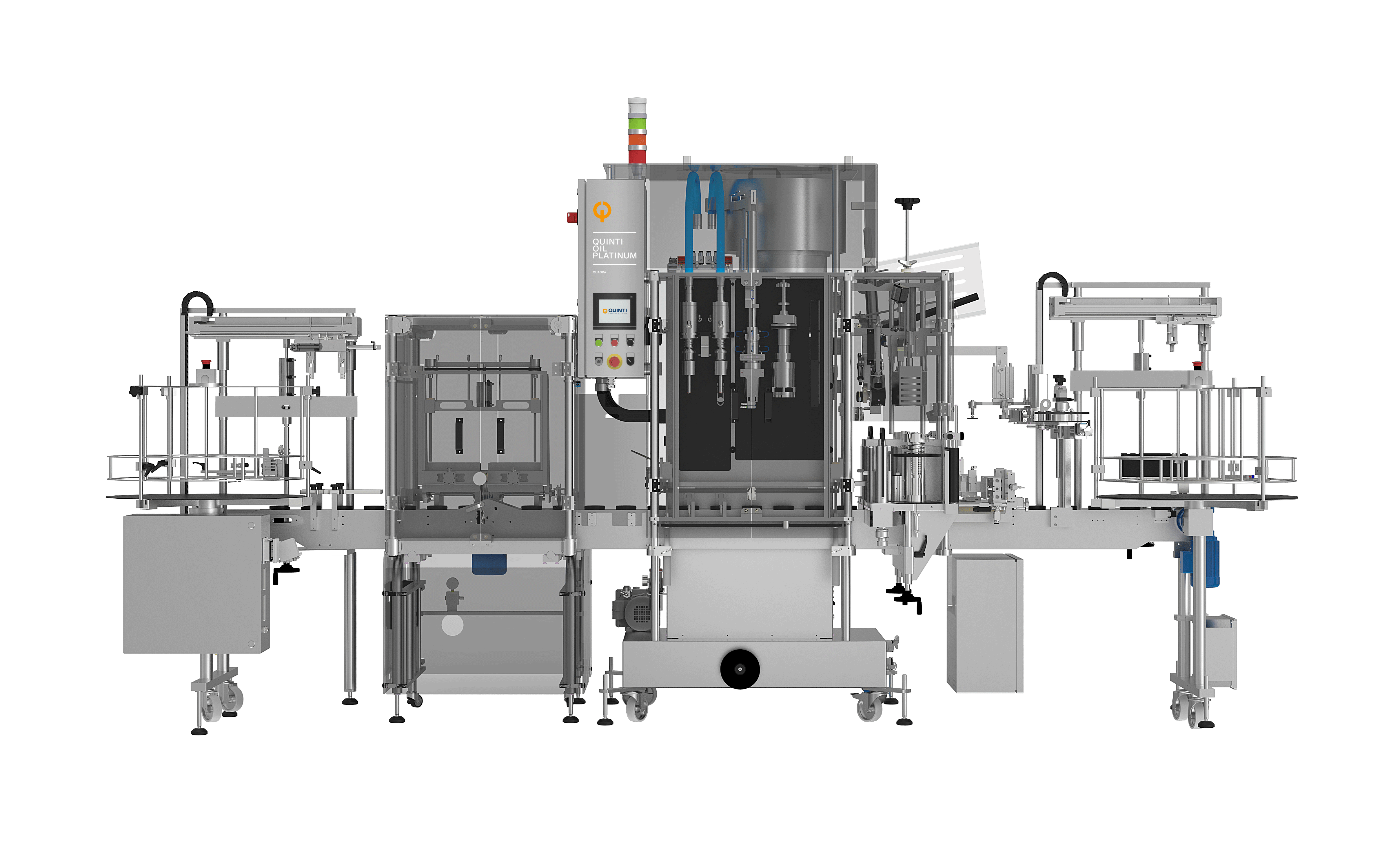 Line completa per olio, con riempimento, tappatuta, etichettatura, soffiatrice automaticaA full line for oil, with fiiling, capping, labelling, automatic blow molding machine