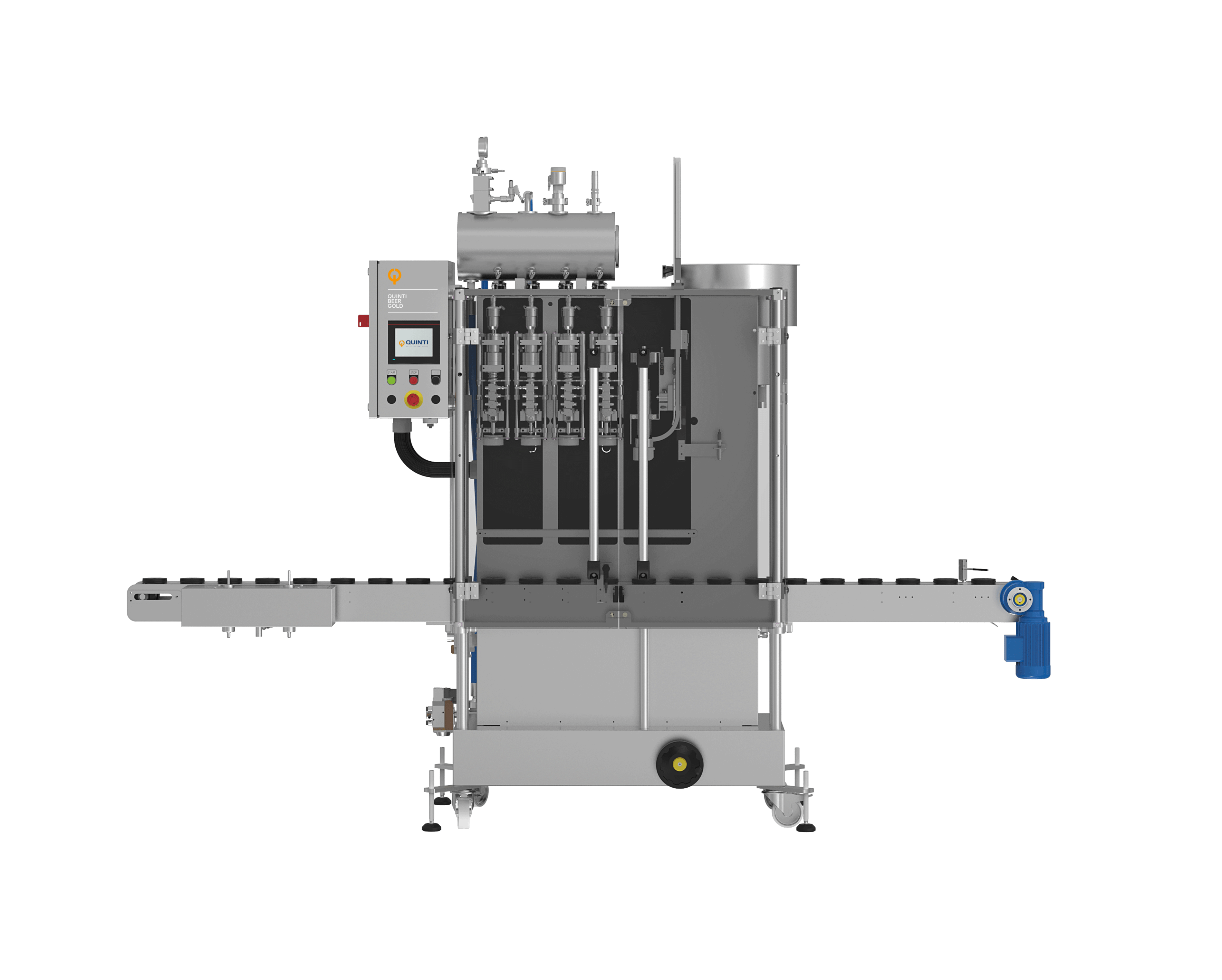 Monobloc filling and capping for beer. Starting from left to right you can see the conveyor belt for bottles, the elctrical cabinet with touch screen panel to start the machine, in addition to the scripts bearing the name of the machine, the filling station with four nozzles and the capper.