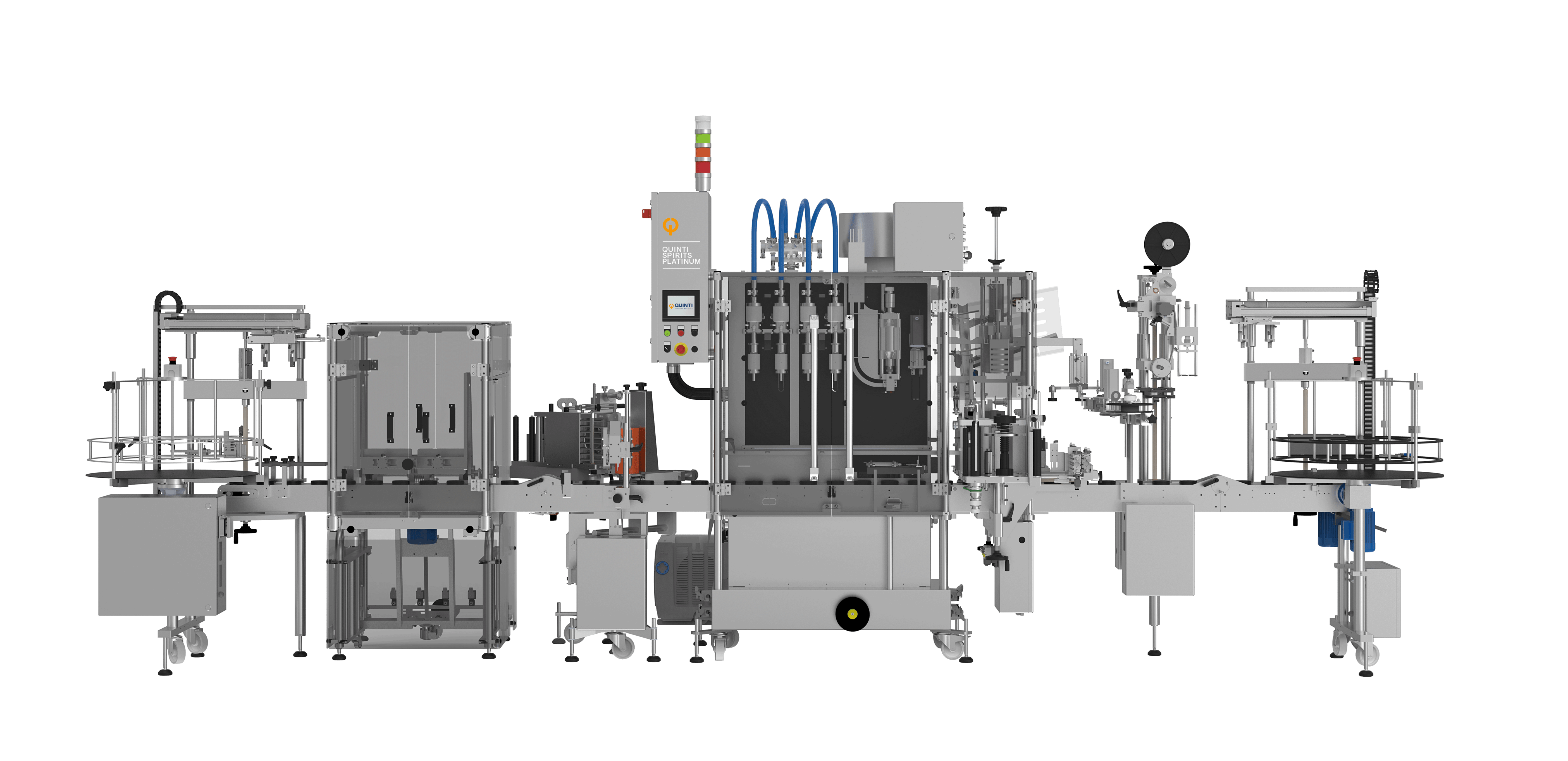 Full line for spirits, with filling, capping, labelling, automatic rinsing, t cap version