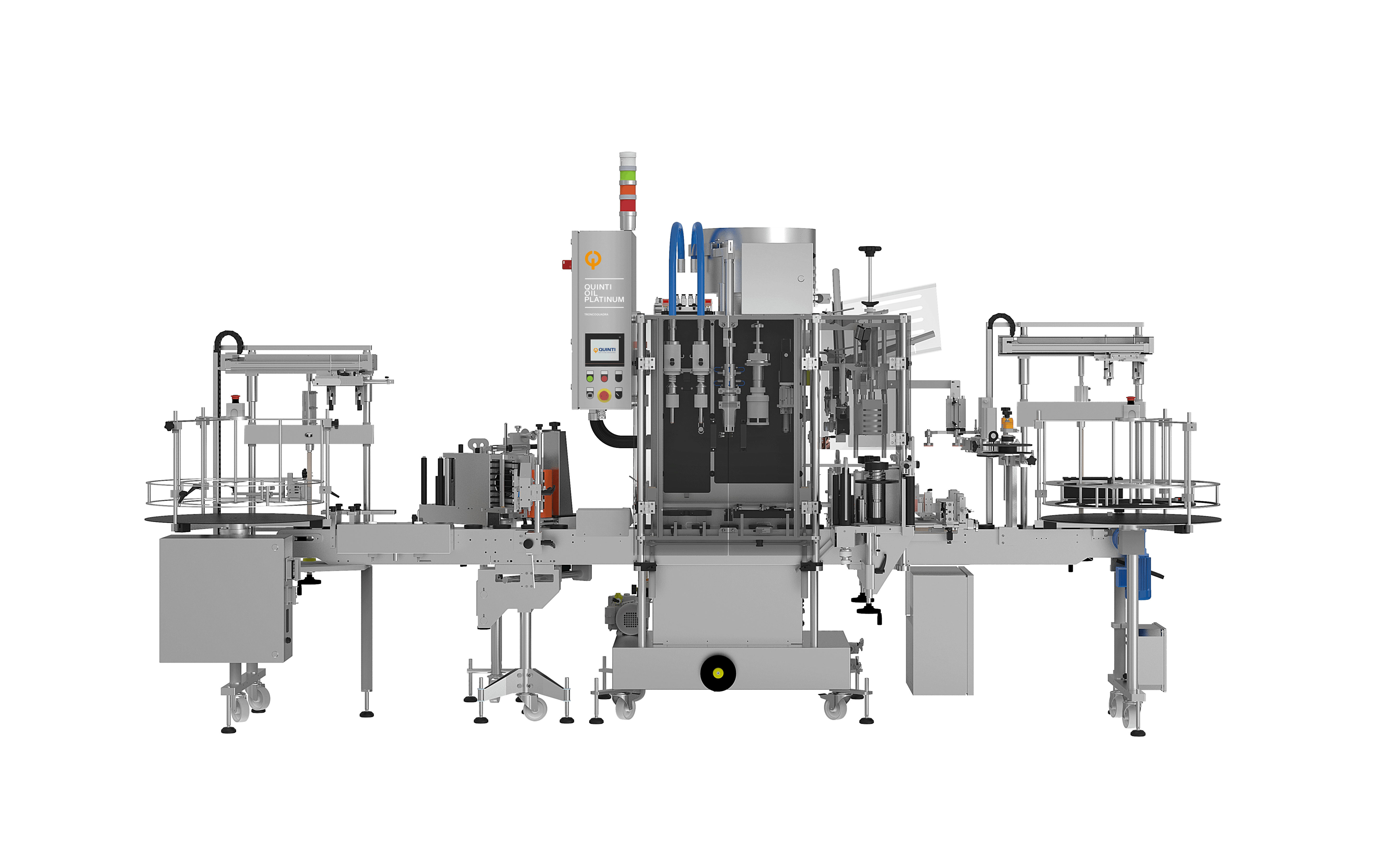 A full line for oil, with filling, capping, labelling, manual rinsing