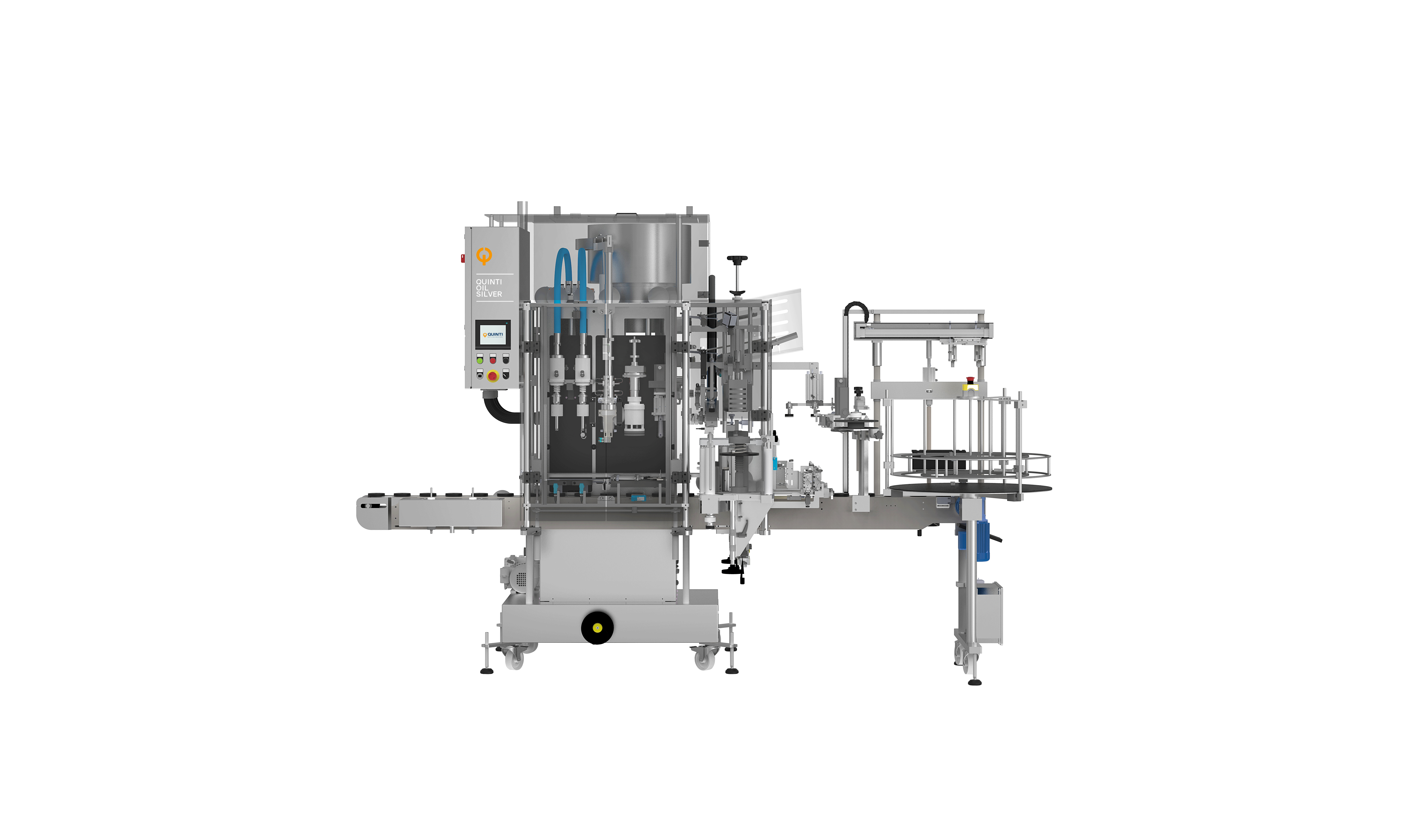 Machine for filling, capping and labelling olive oil bottle, front view, full lines