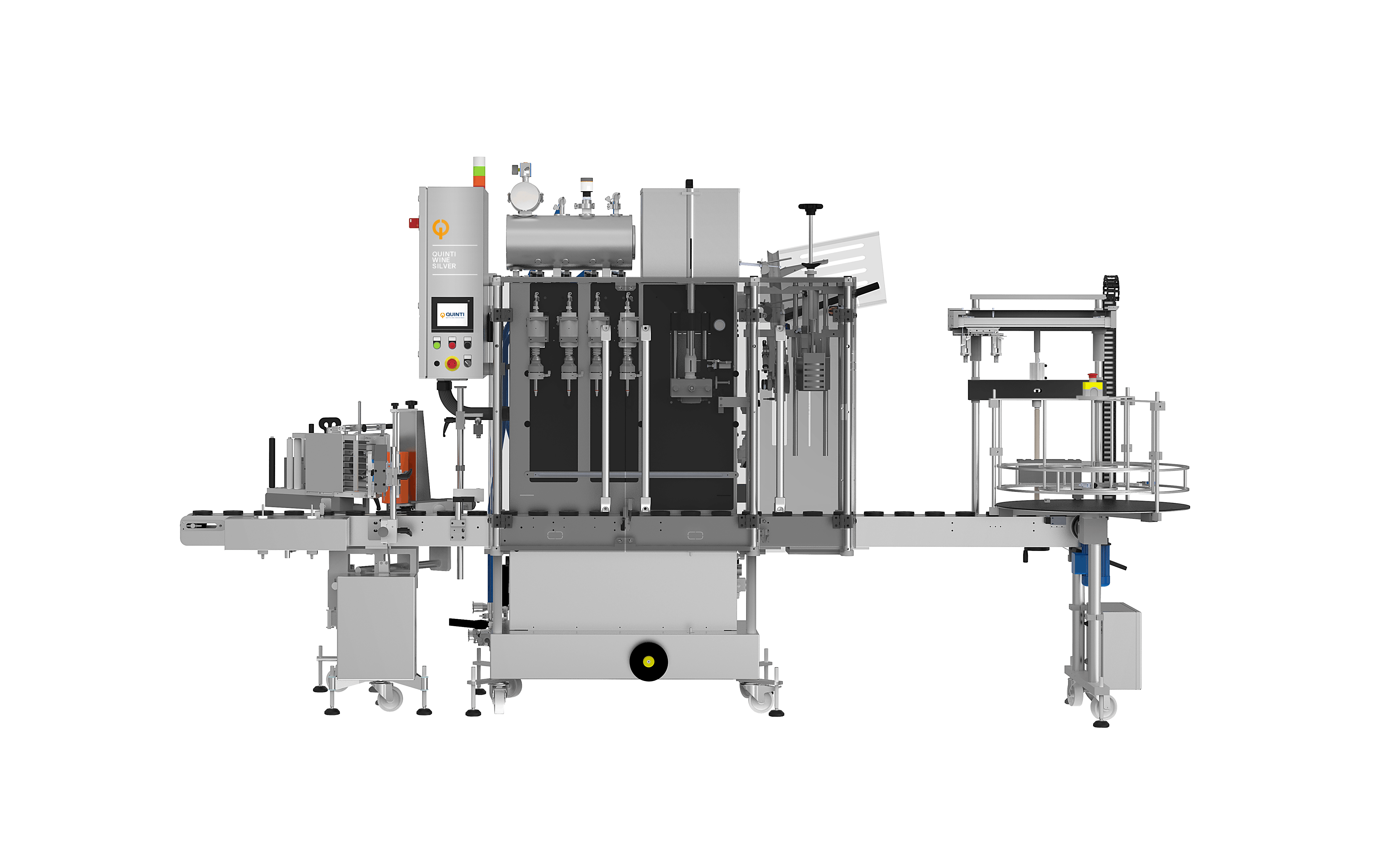 The Wine Silver machinery, seen from the front, from left to right it is possible to see the manual rinser, the labeling station, the touch screen panel to operate the machine, filling nozzles, capper, encapsulator, unloading surface for bottle accumulation.