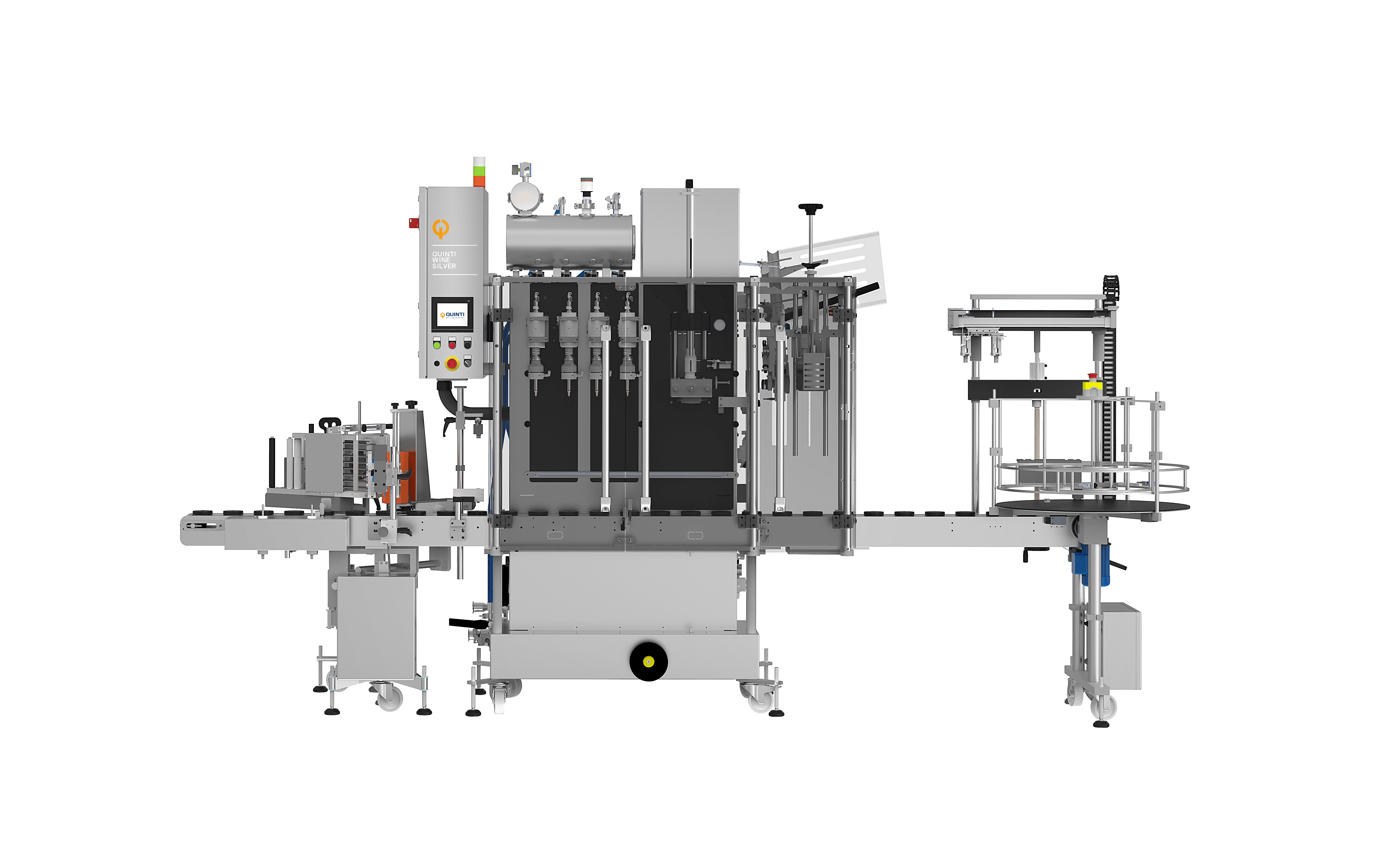 Il macchinario Wine Silver, visto frontalmente, da sinsitra verso destra è possibile vedere la sciacquatrice manuale, la stazione per l'etichettatura, il panello touch screen per azionare la macchine, ugelli di riempimento, tappatore, incapsulatrice, piano di scarico per accumulo bottiglie.