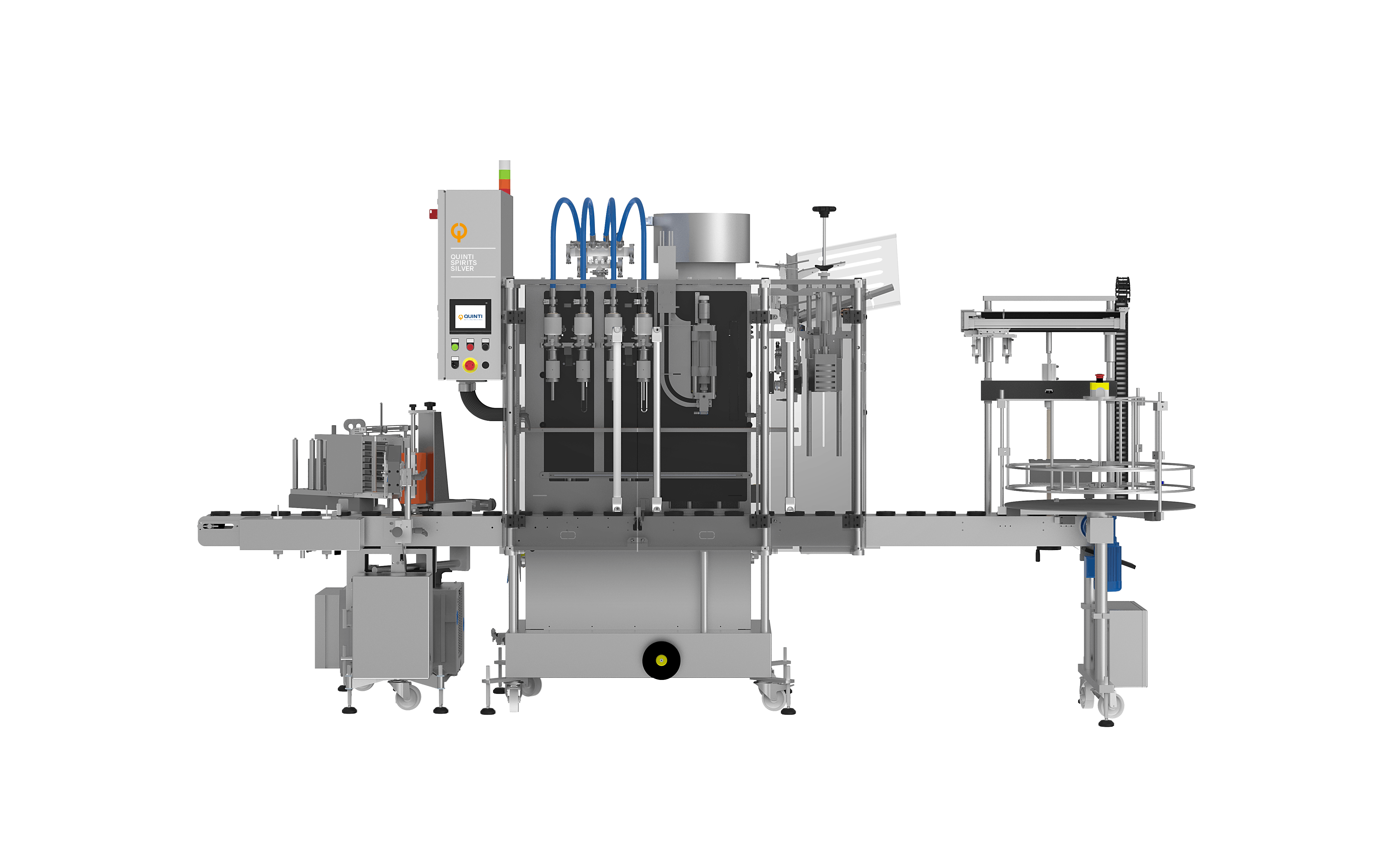 A photo of the Silver model machine dedicated to spirits in front position. From left to right it is possible to see the various technologies that compose it, such as the manual rinsing machine, the filling and capping block and the final loading area, a special table for stock the bottle.