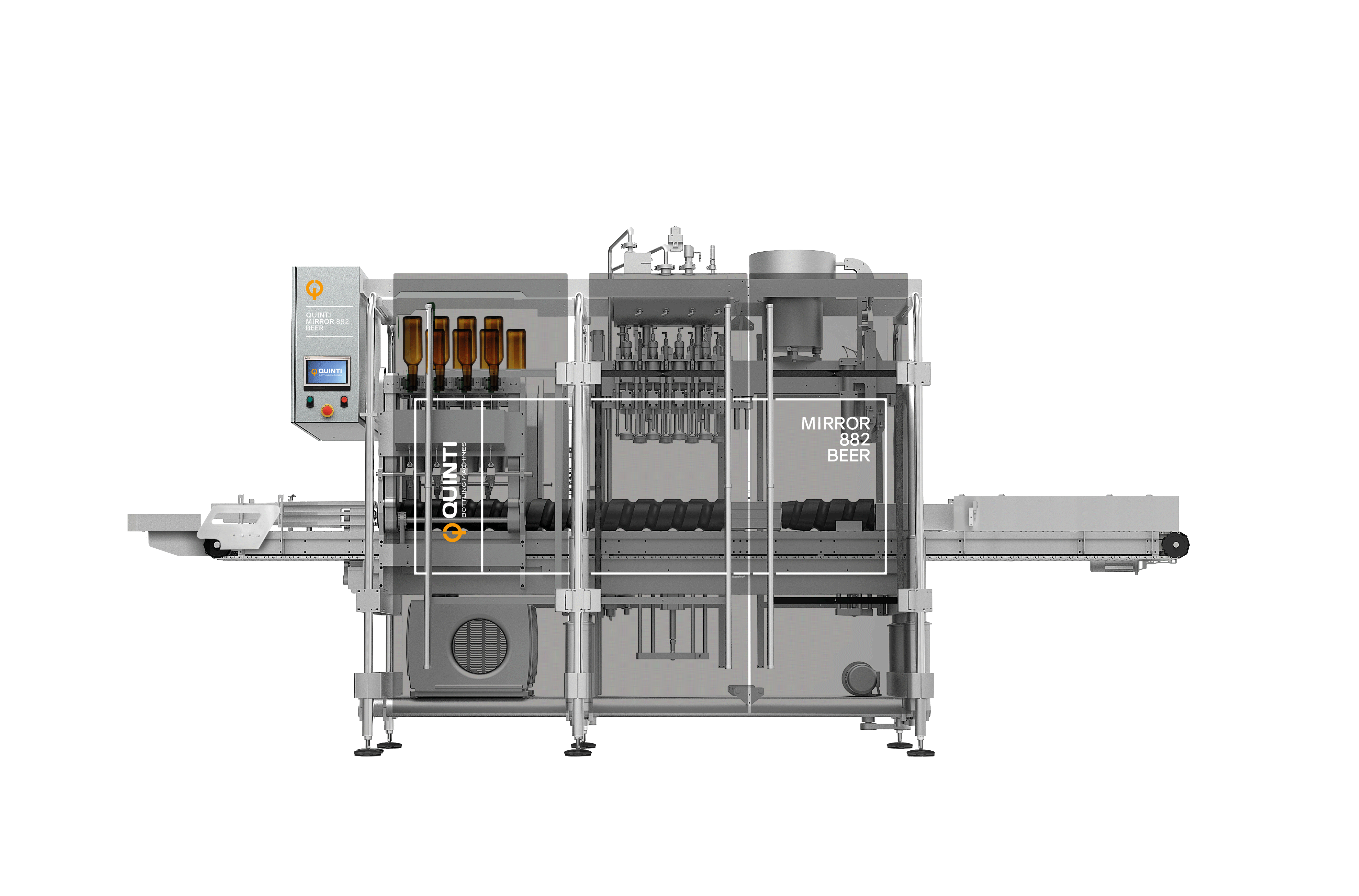 A front view of the Mirror machine with touch screen, automatic rinser, filling and capping station, tray for bottle accumulation on the right end.