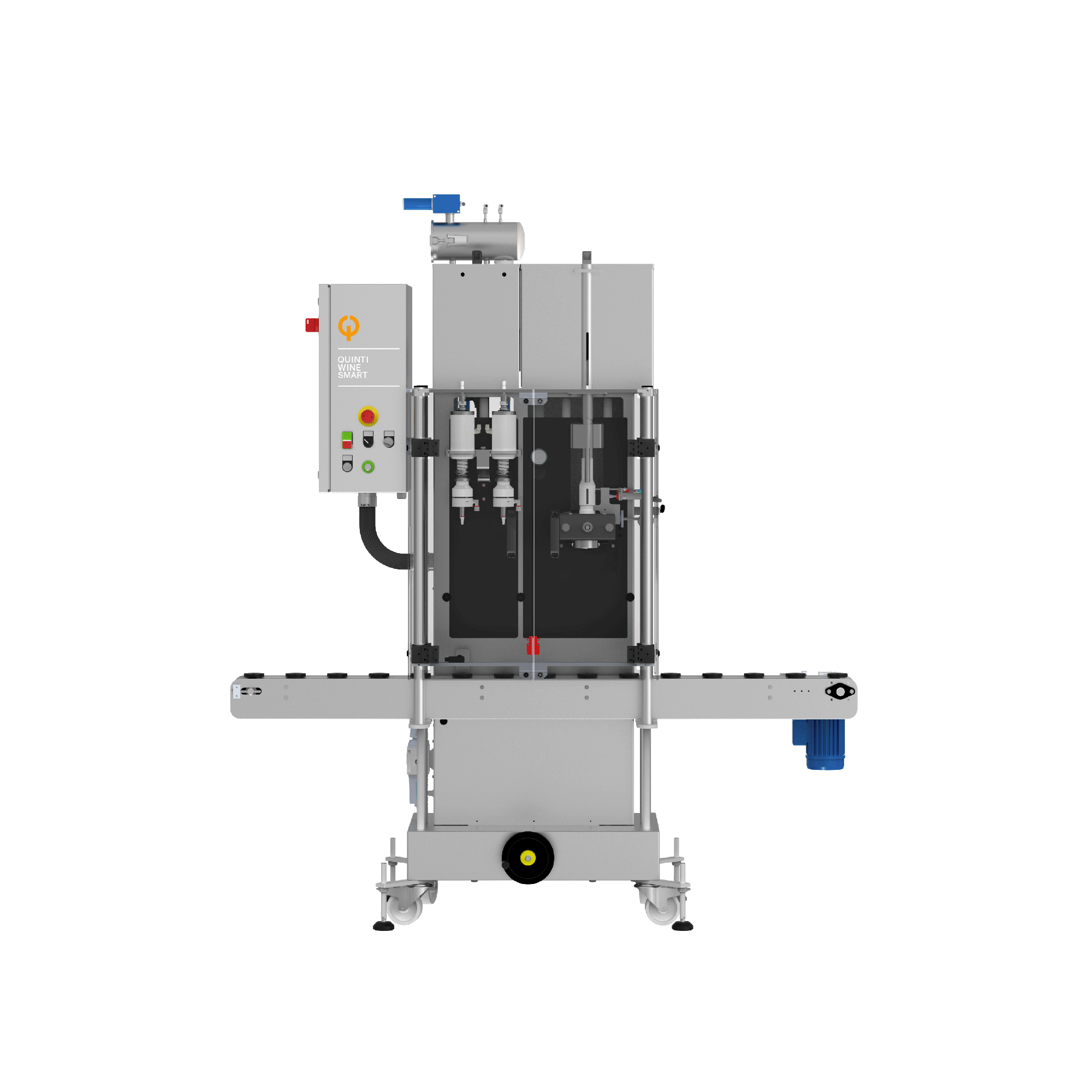 The  smallest Quinti machine dedicated to filling and capping wine. A small machine, with reduced dimensions and essential functions: it can only be controlled by buttons placed on the machine panel.