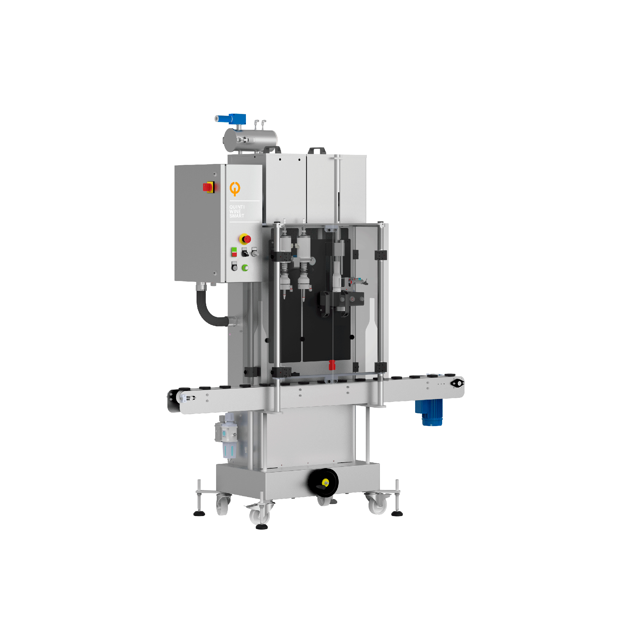 Piccola macchina per riempimento e tappatura del vino, vista lateralmente, con da destra verso sinistra nastro trasportatore, stazione di lavoro all'interno di due ante trasparenti e comandi a pulsanti