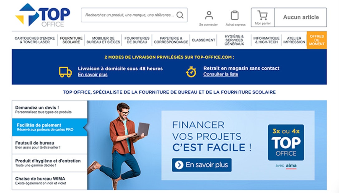 Top office a mis en avant le paiement en plusieurs fois sur sa homepage