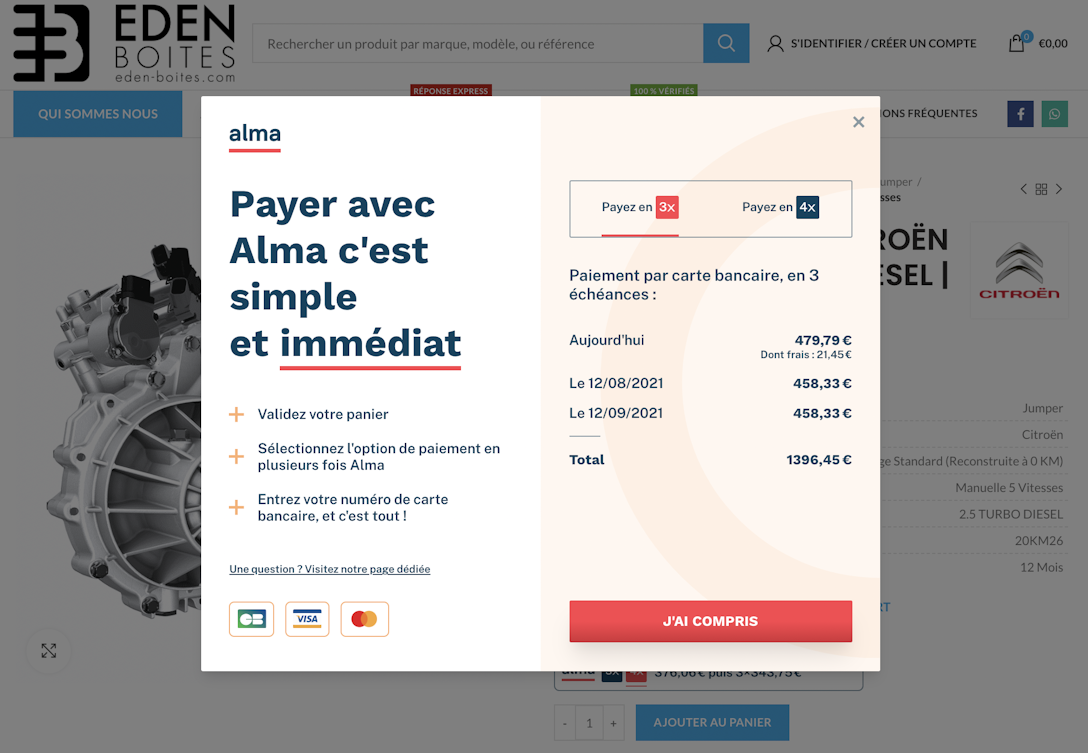 Pop-up explicative du paiement en plusieurs fois