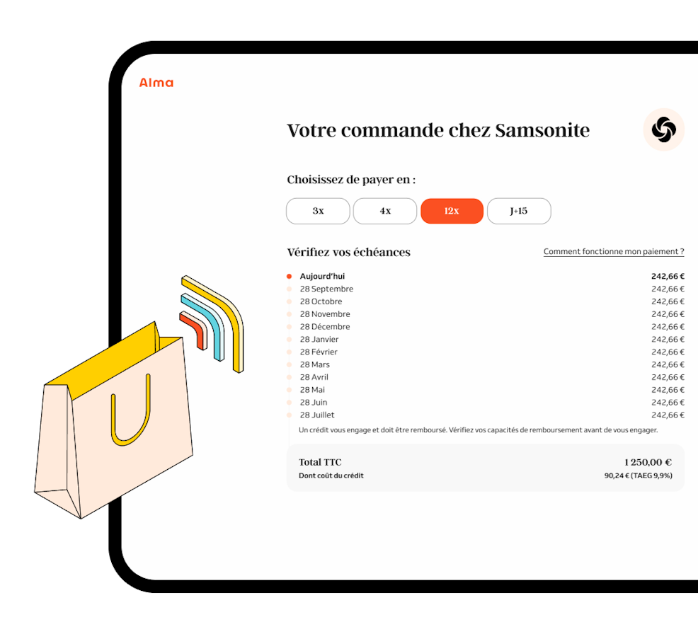 Détail des mensualités que paient un client en utilisant Alma sur votre boutique e-commerce.