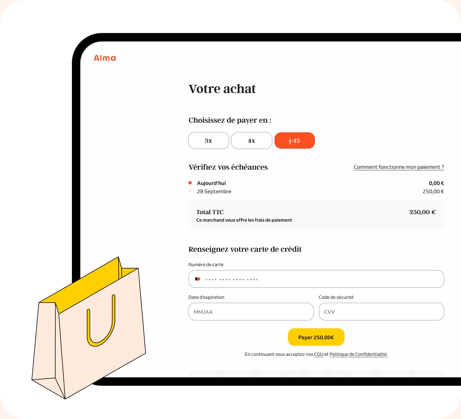 Le client choisit de payer en J+15 avec Alma sur la page de checkout