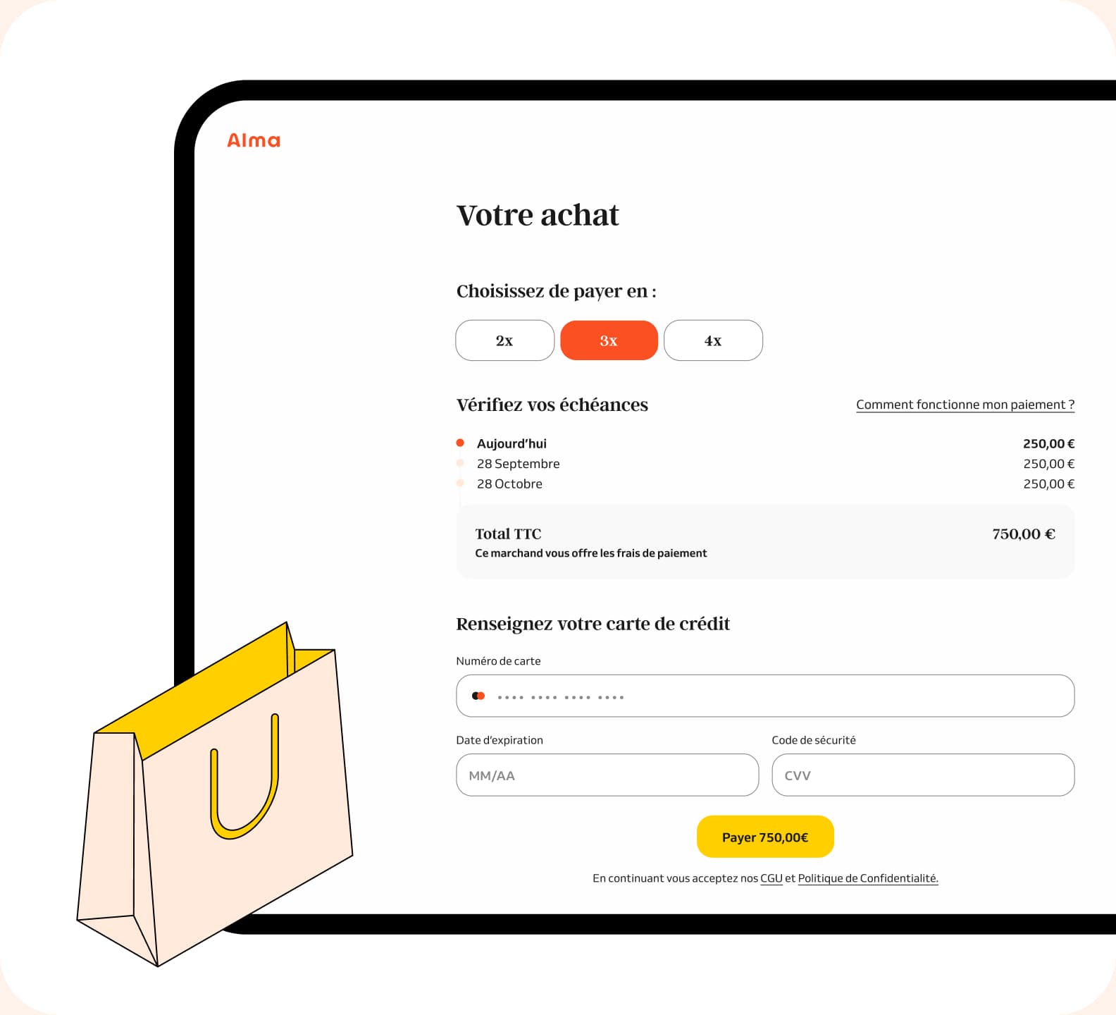 Le client choisit de payer en 2,3 ou 4 fois sur le page de checkout.