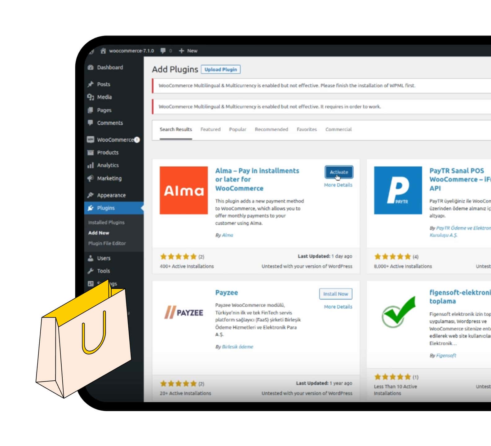 Installer l'extension Alma pour WordPress depuis la section Plugins