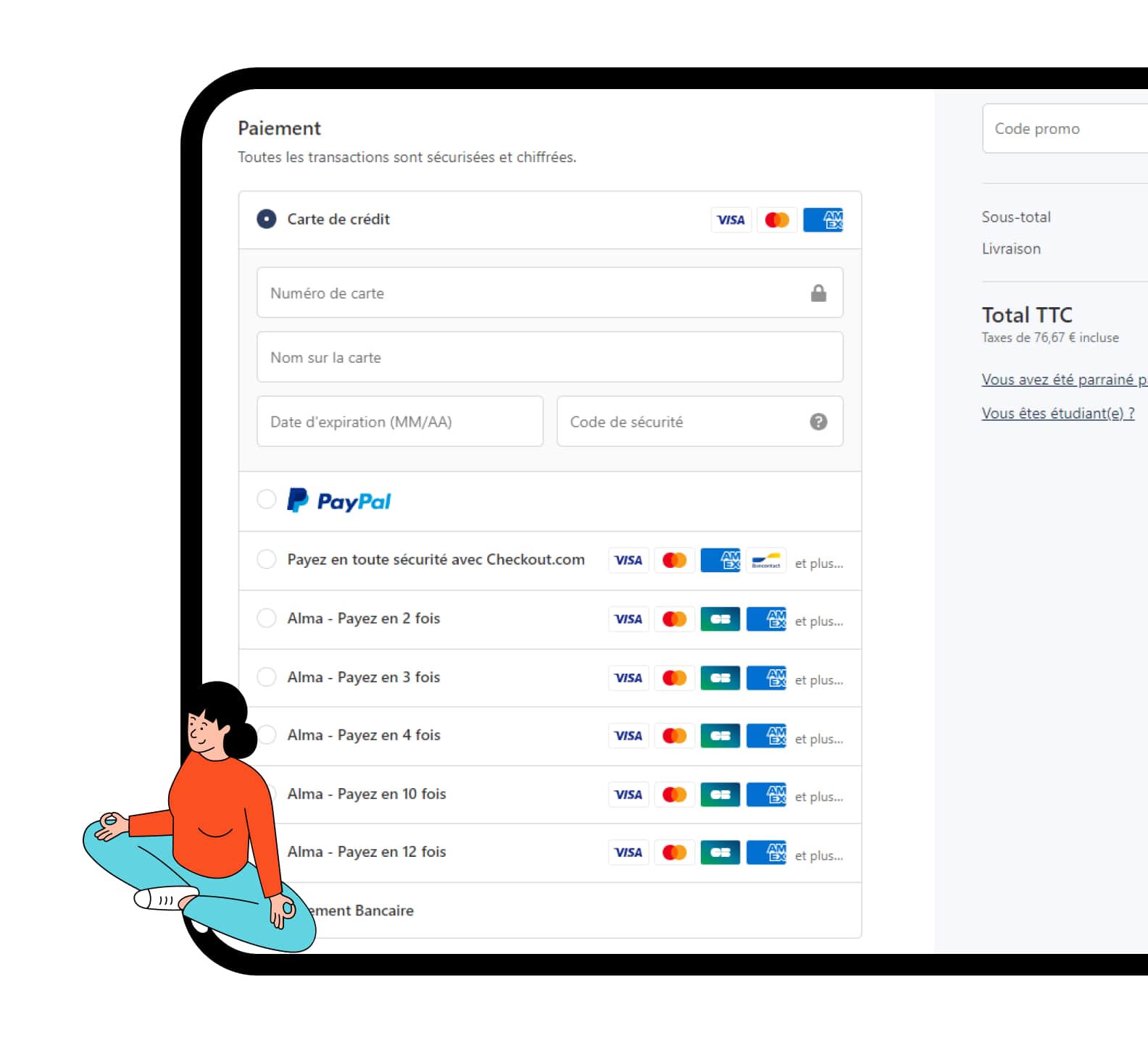 Les clients choisissent le paiement Alma sur la page de checkout