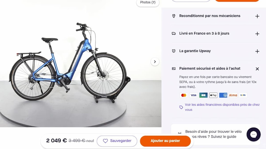 Les éléments de réassurances affichés sur les pages produits de chaque vélo reconditionné Upway