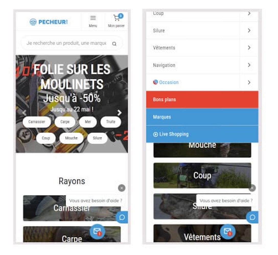 Mise en avant des bons plans en bannière sur la page d'accueil et dans le menu du site Pecheur.com